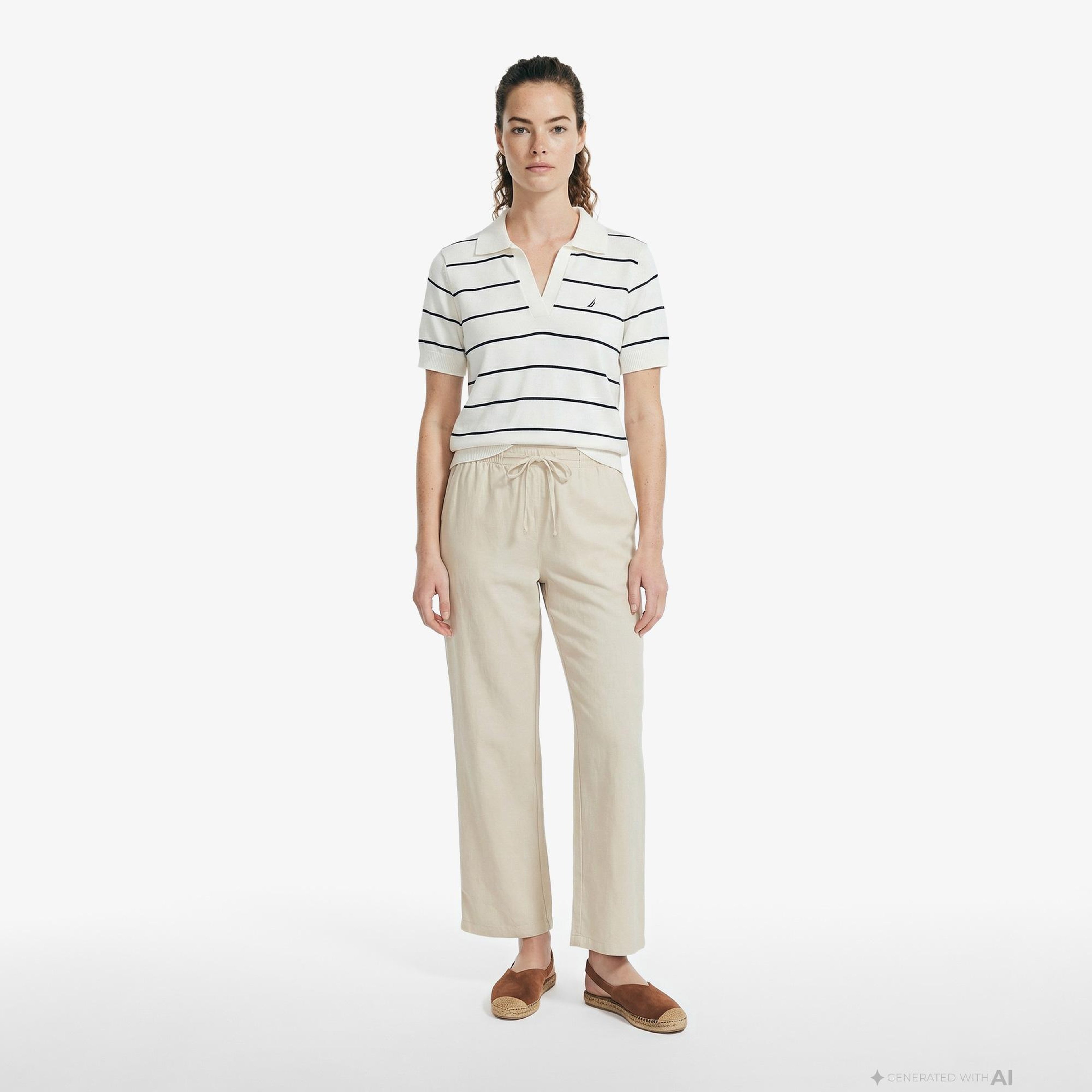 Nautica Kadın Beyaz Regular Fit Çizgili Triko Polo Yaka T-Shirt