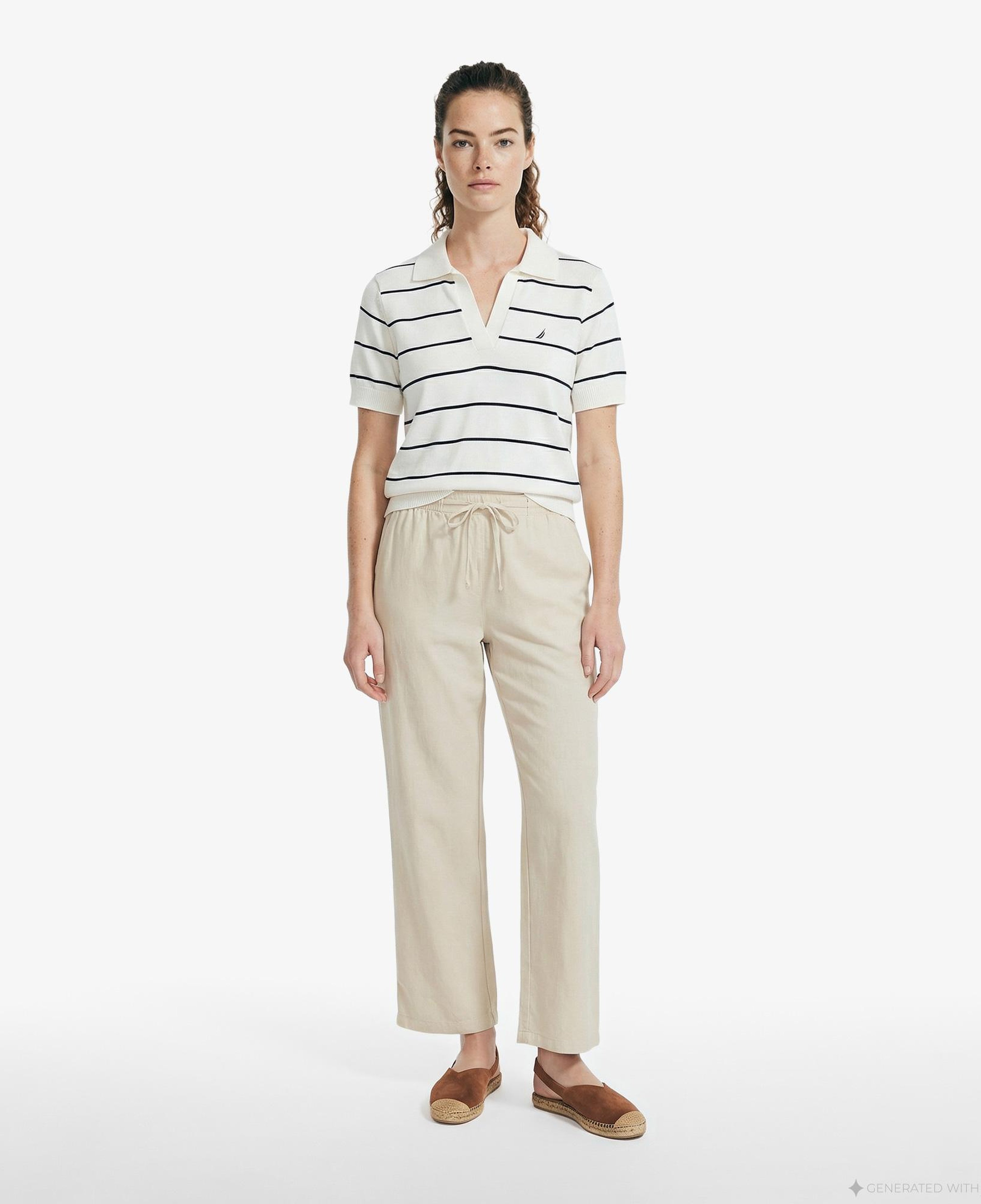 Nautica Kadın Beyaz Regular Fit Çizgili Triko Polo Yaka T-Shirt