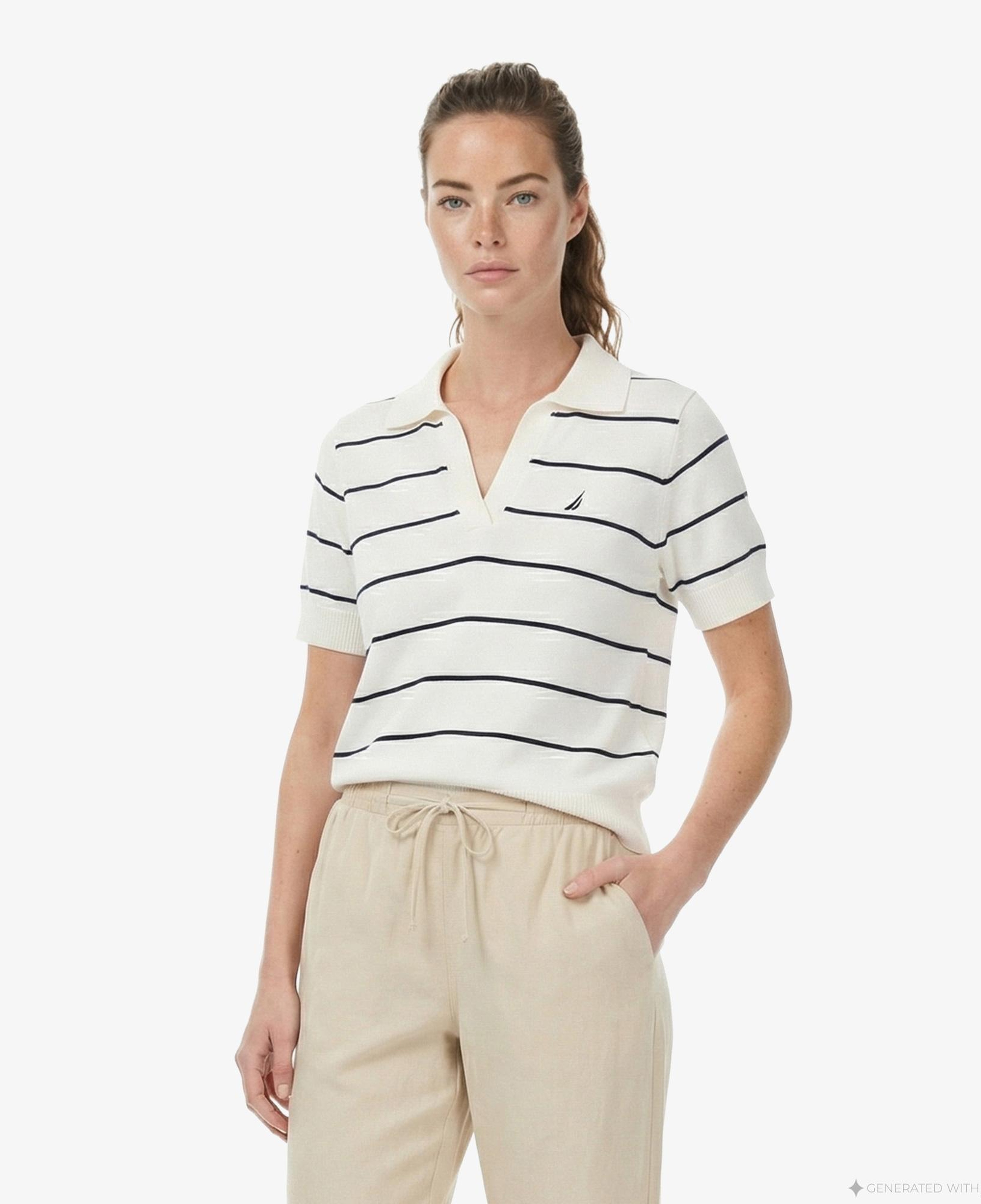 Nautica Kadın Beyaz Regular Fit Çizgili Triko Polo Yaka T-Shirt