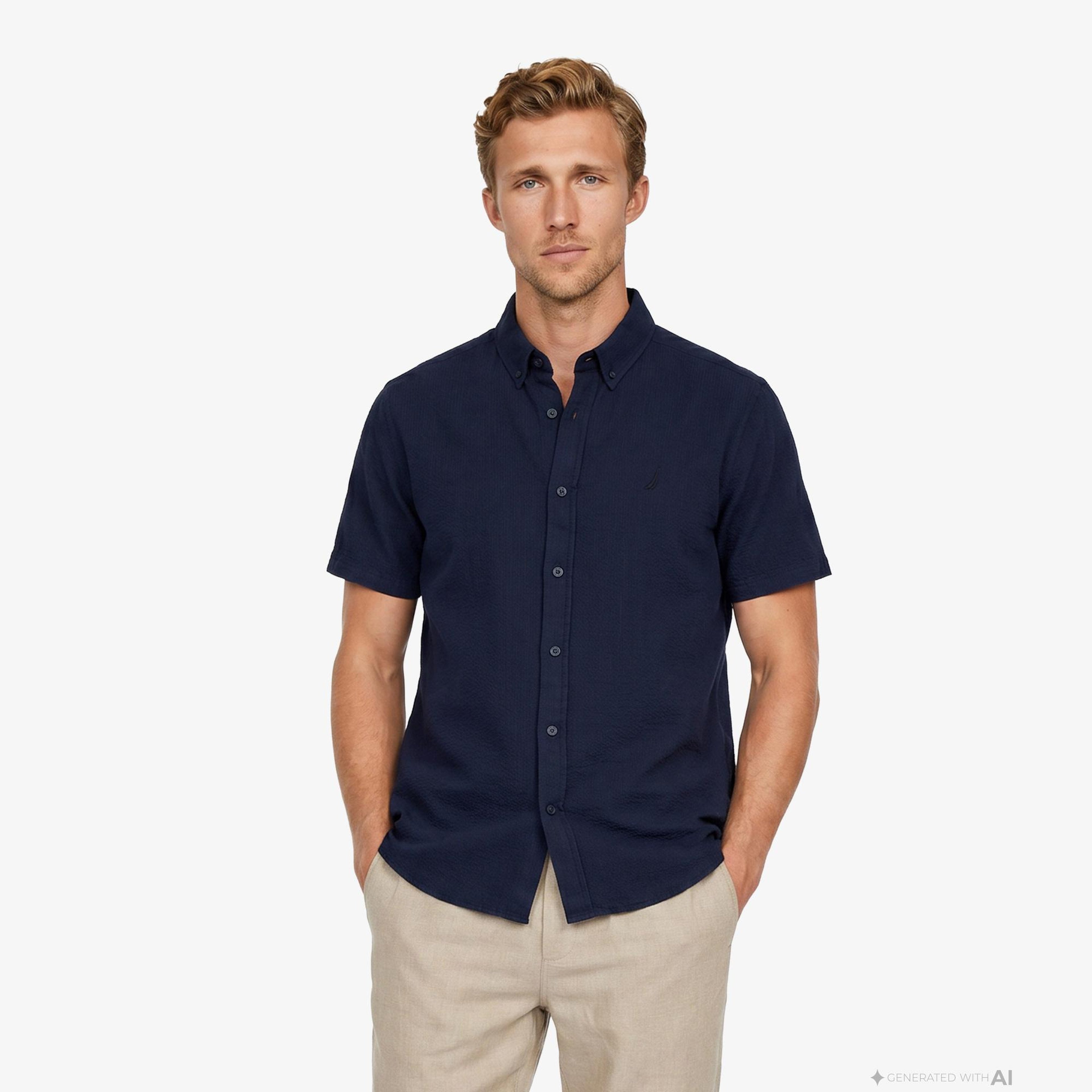 Nautica Erkek Lacivert Regular Fit Kısa Kollu Gömlek