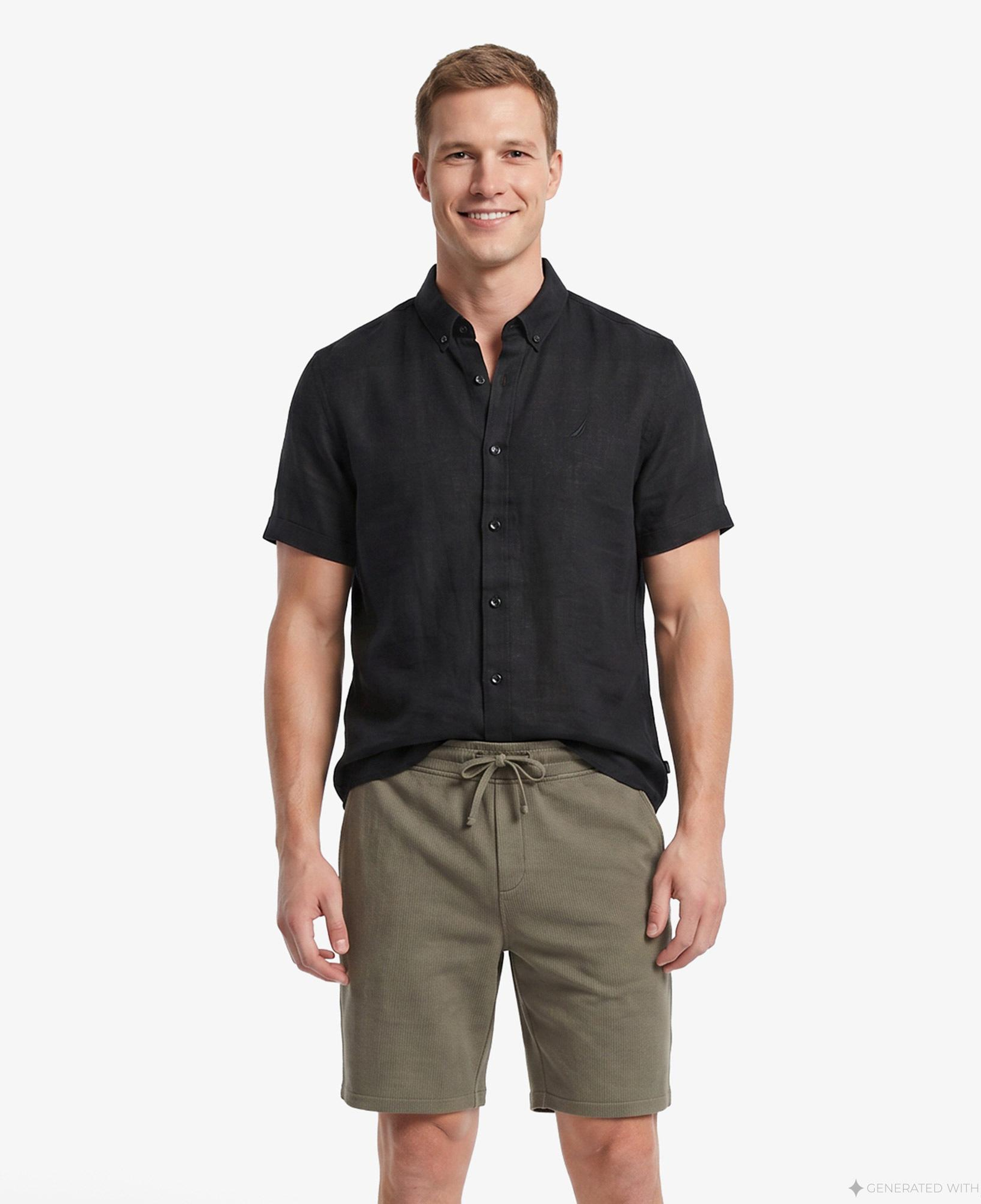 Nautica Erkek Siyah Regular Fit Kısa Kollu Keten Gömlek