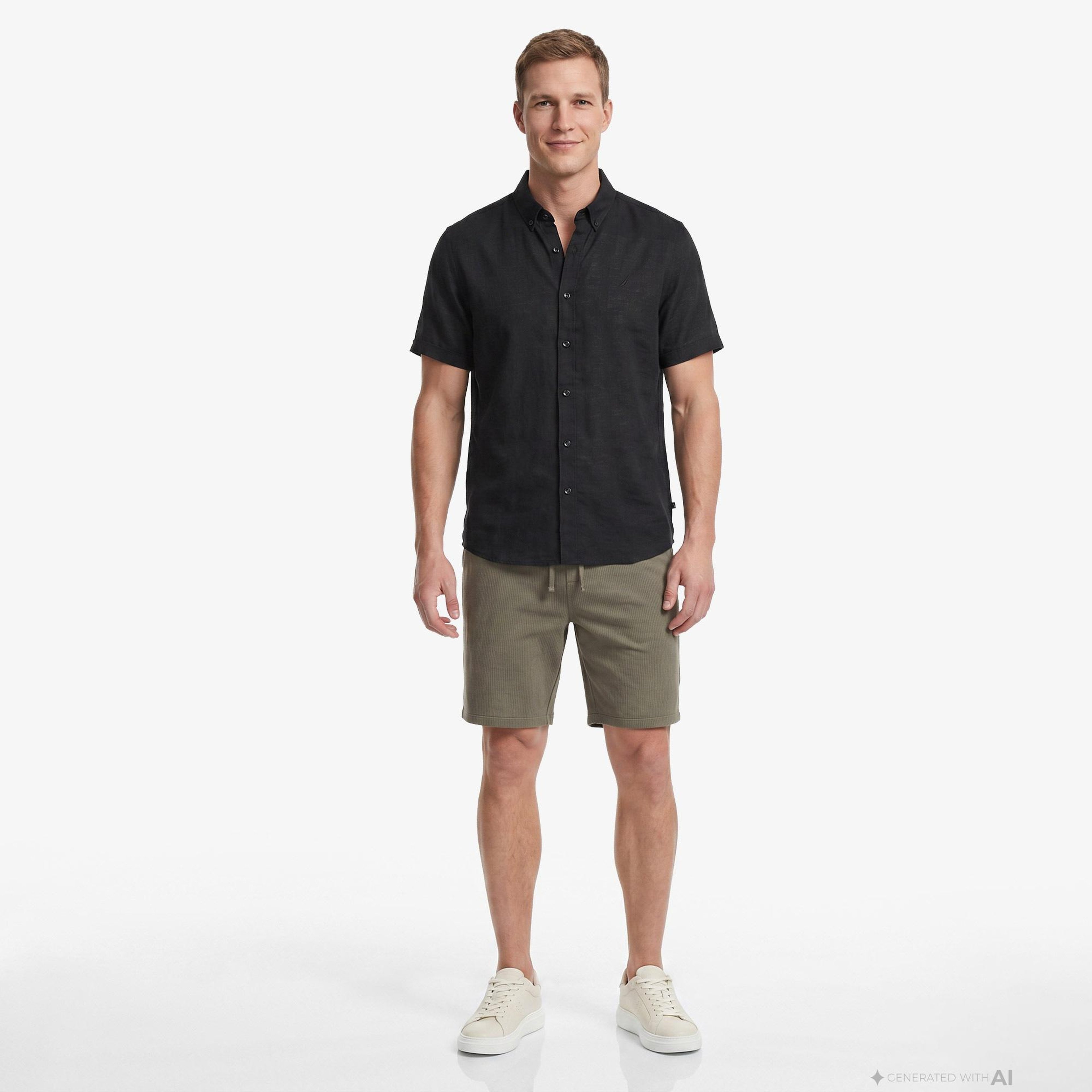 Nautica Erkek Siyah Regular Fit Kısa Kollu Keten Gömlek