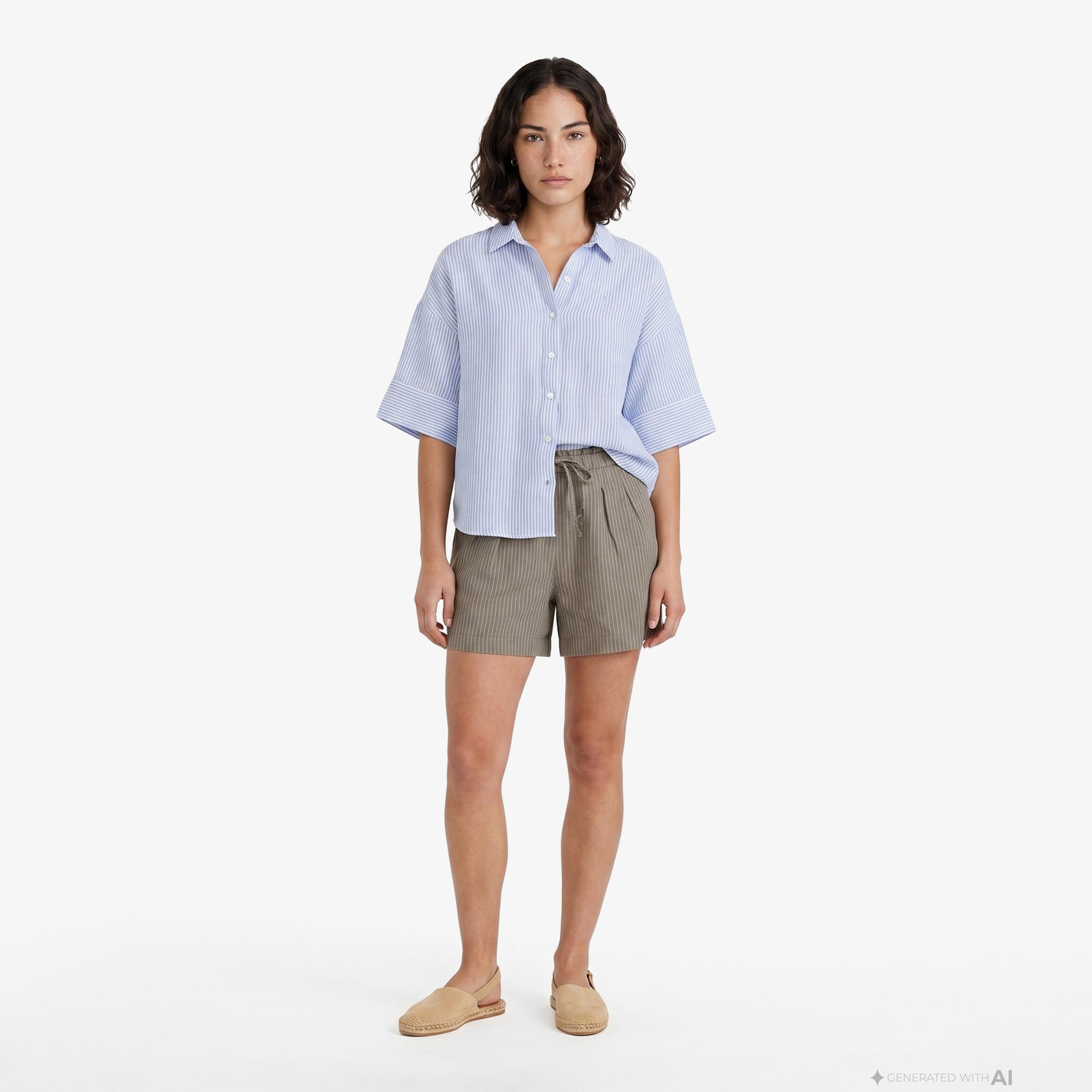 Nautica Kadın Mavi Regular Fit Kısa Kollu Çizgili Keten Gömlek