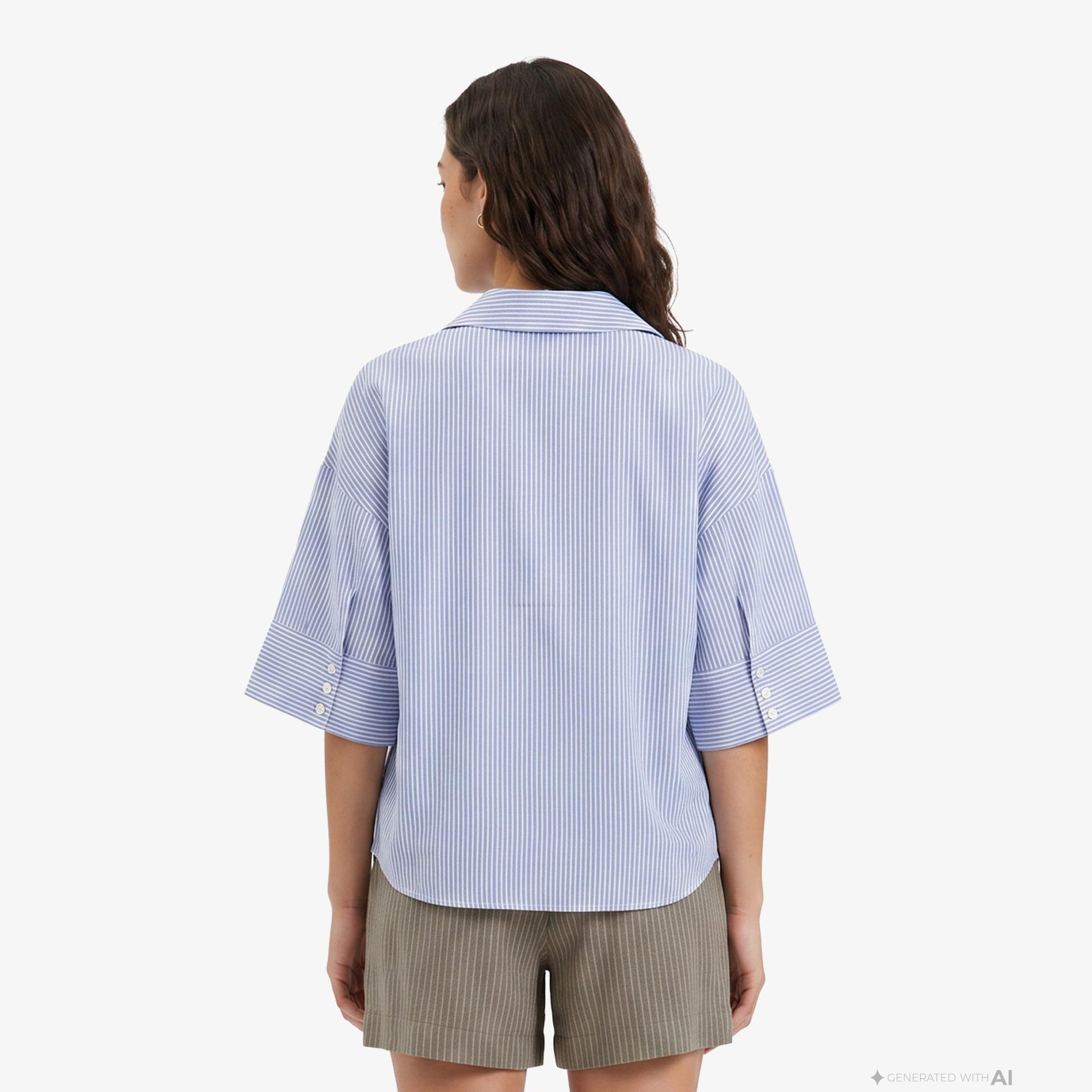 Nautica Kadın Mavi Regular Fit Kısa Kollu Çizgili Keten Gömlek
