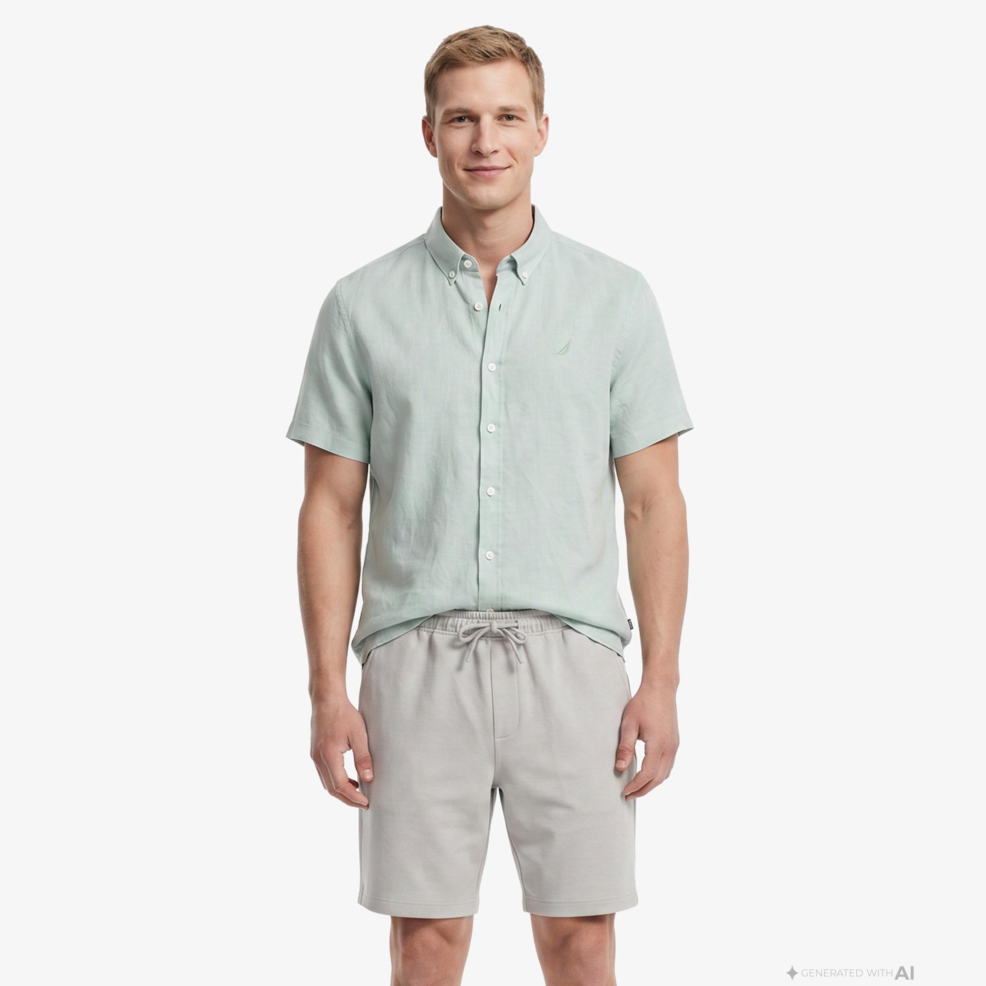 Nautica Erkek Yeşil Regular Fit Kısa Kollu Keten Gömlek