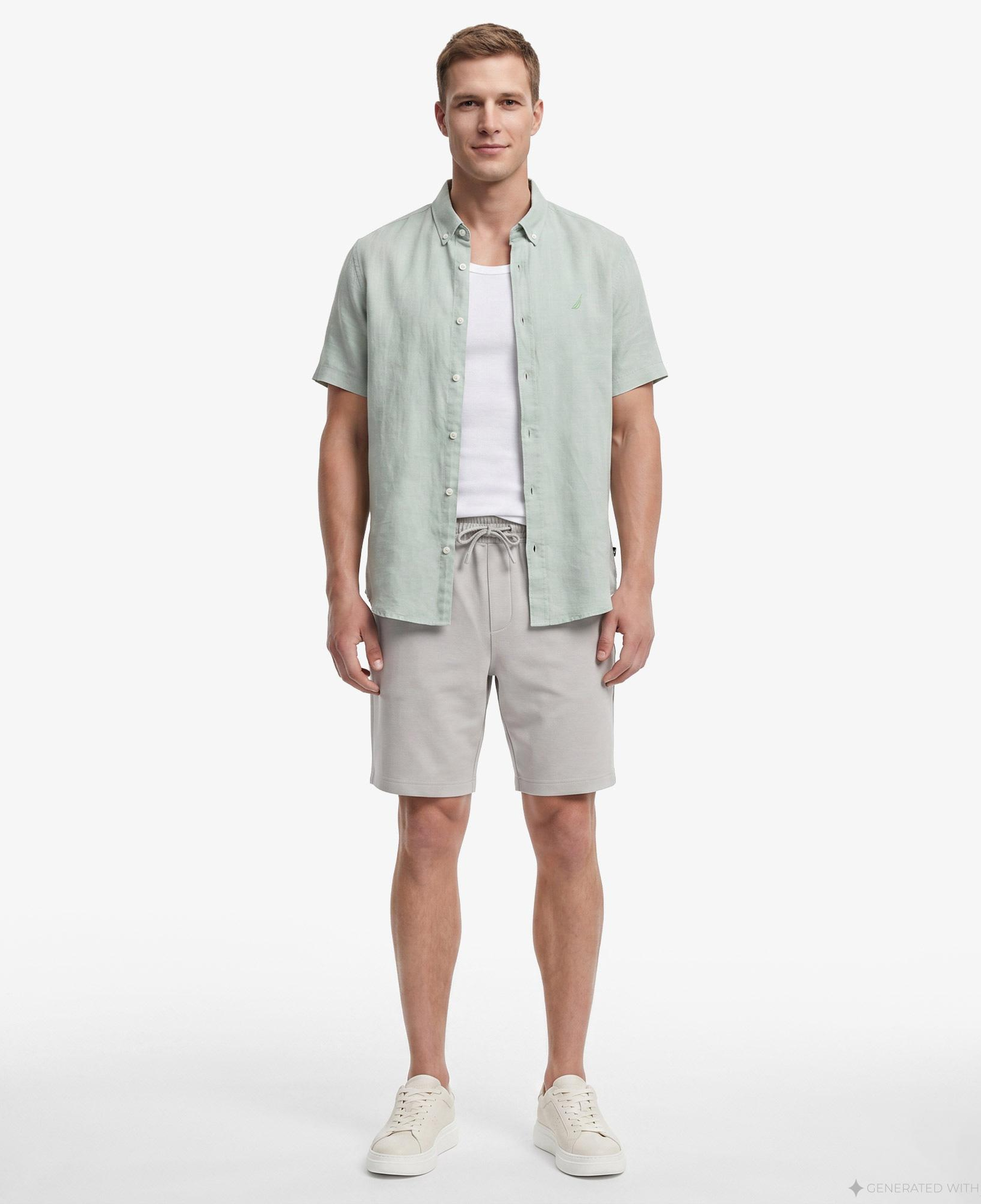 Nautica Erkek Yeşil Regular Fit Kısa Kollu Keten Gömlek
