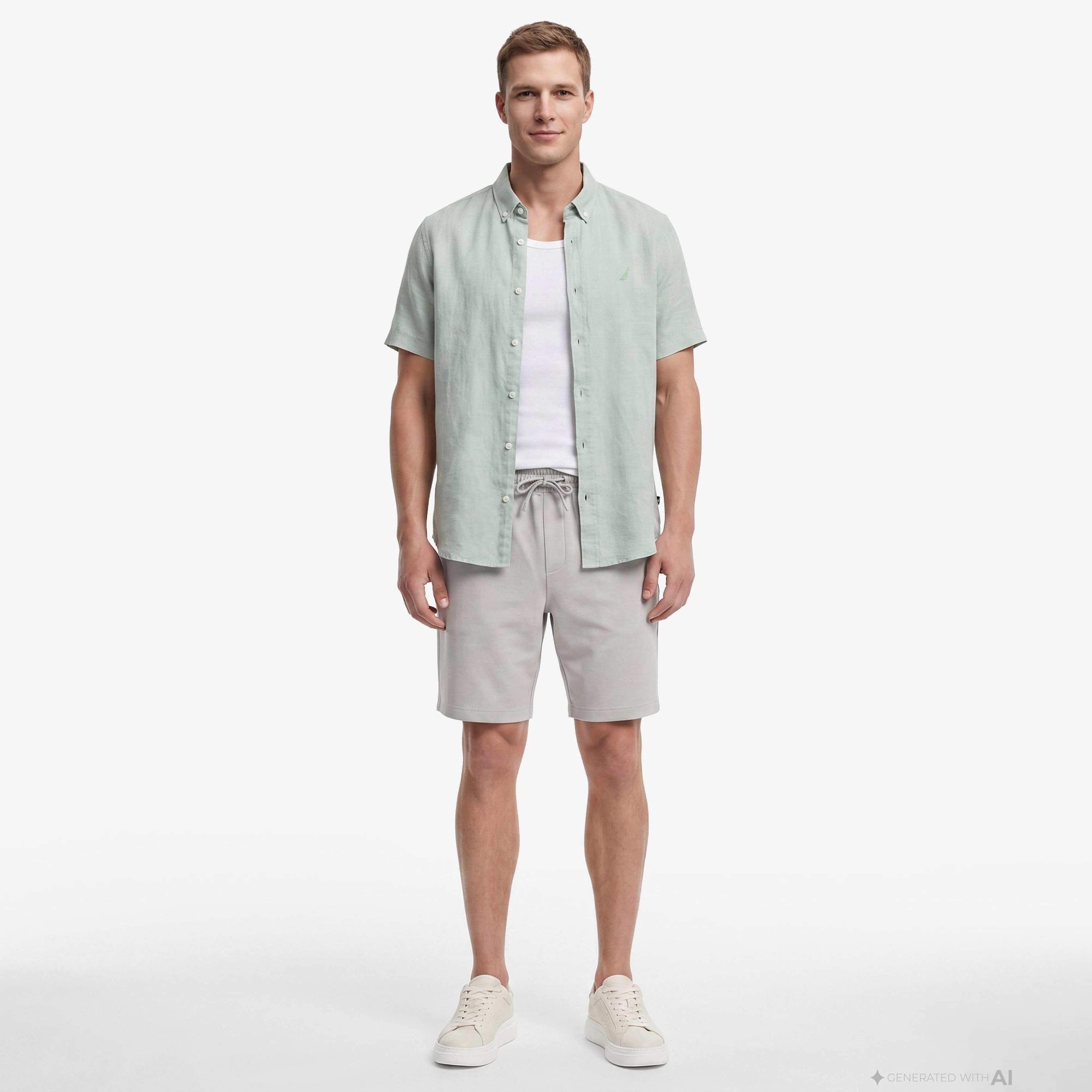 Nautica Erkek Yeşil Regular Fit Kısa Kollu Keten Gömlek