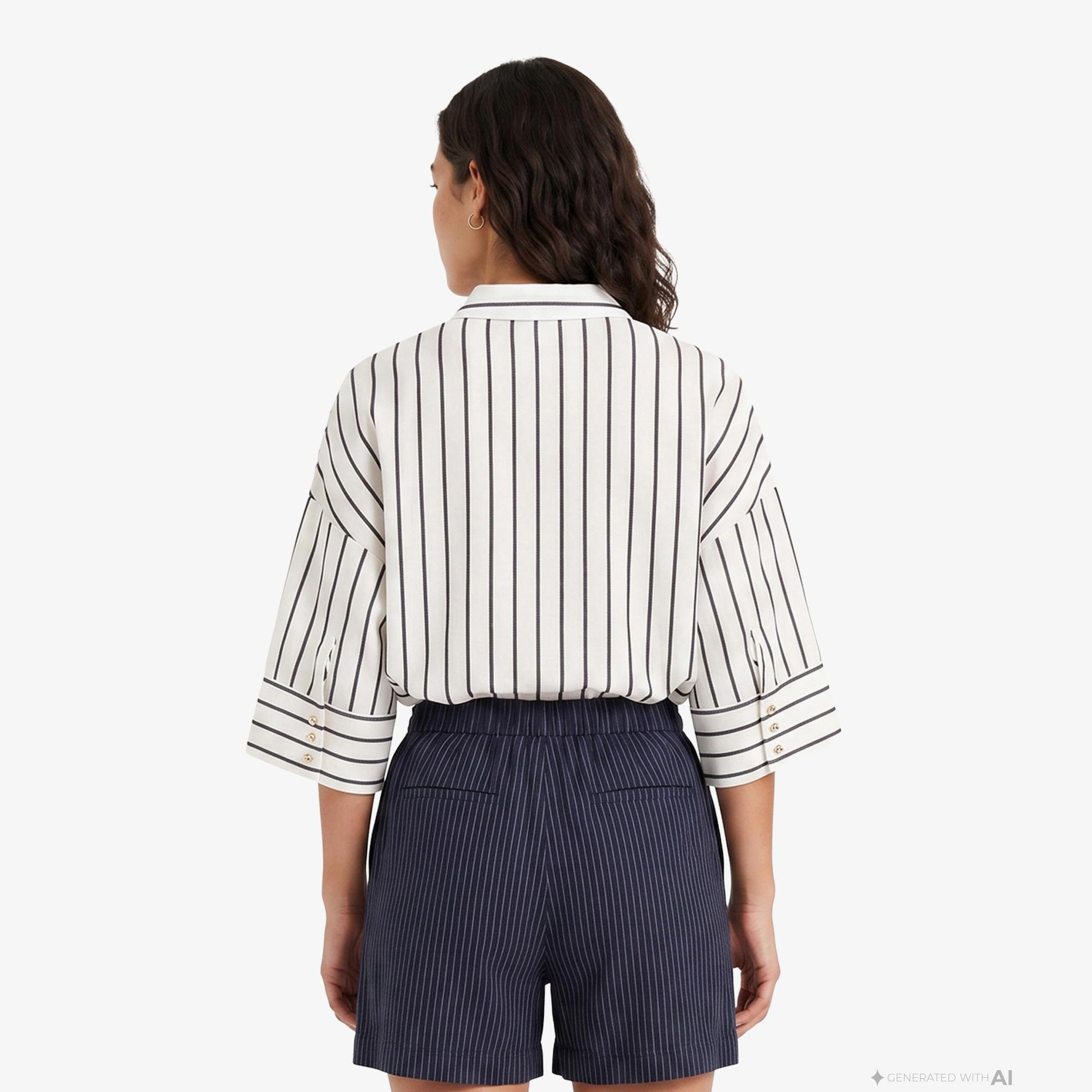 Nautica Kadın Beyaz Regular Fit Kısa Kollu Çizgili Gömlek