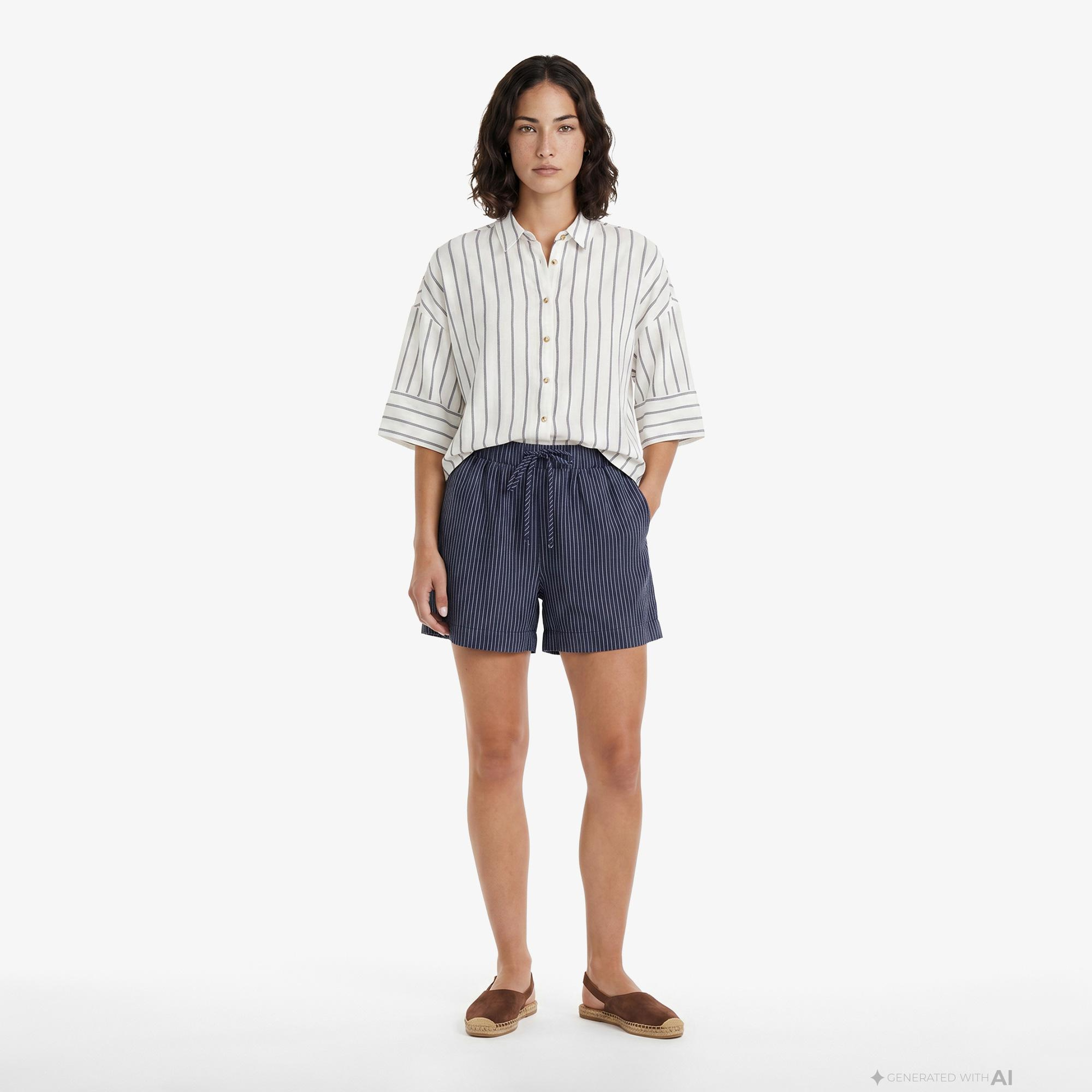 Nautica Kadın Beyaz Regular Fit Kısa Kollu Çizgili Gömlek