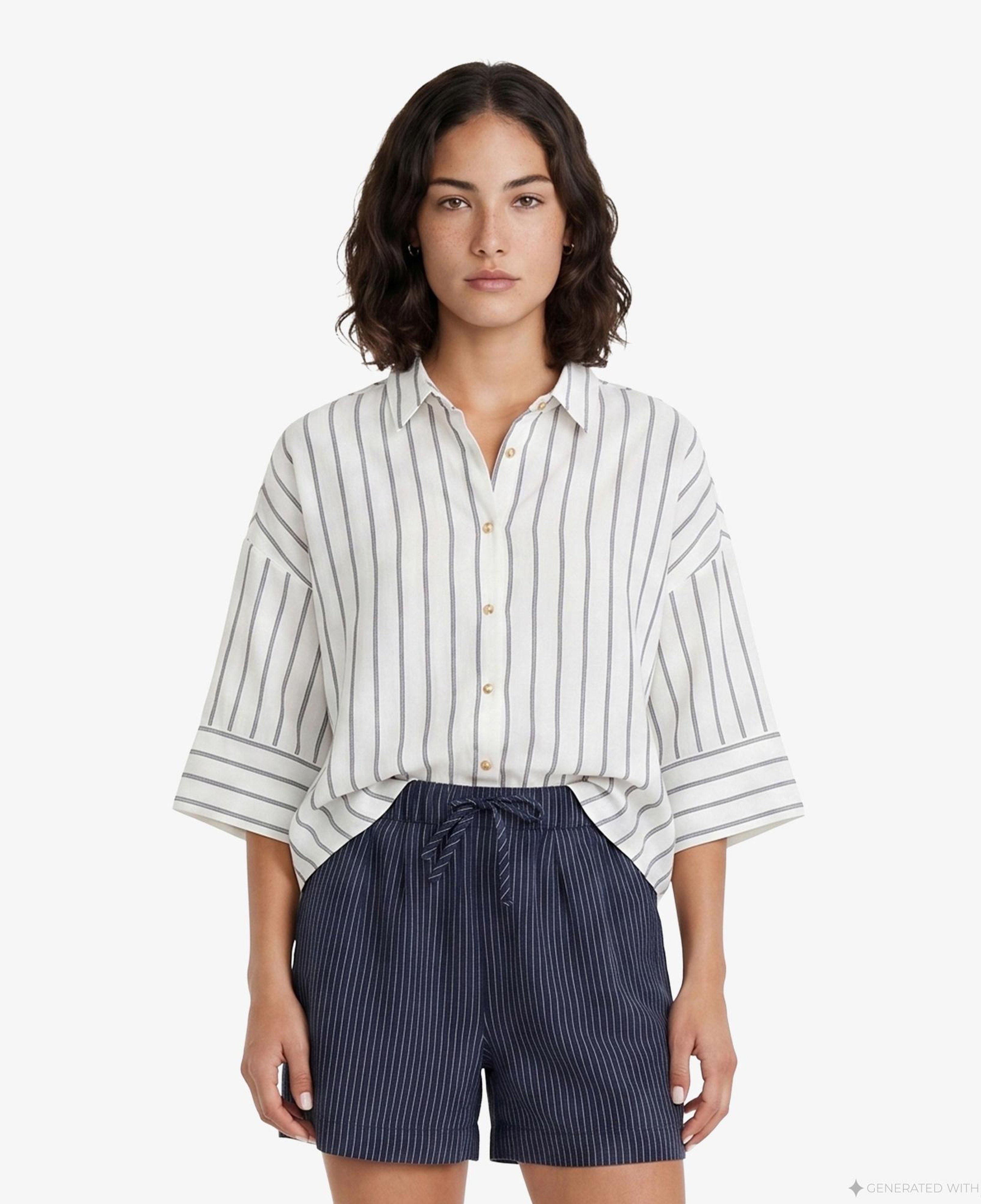 Nautica Kadın Beyaz Regular Fit Kısa Kollu Çizgili Gömlek
