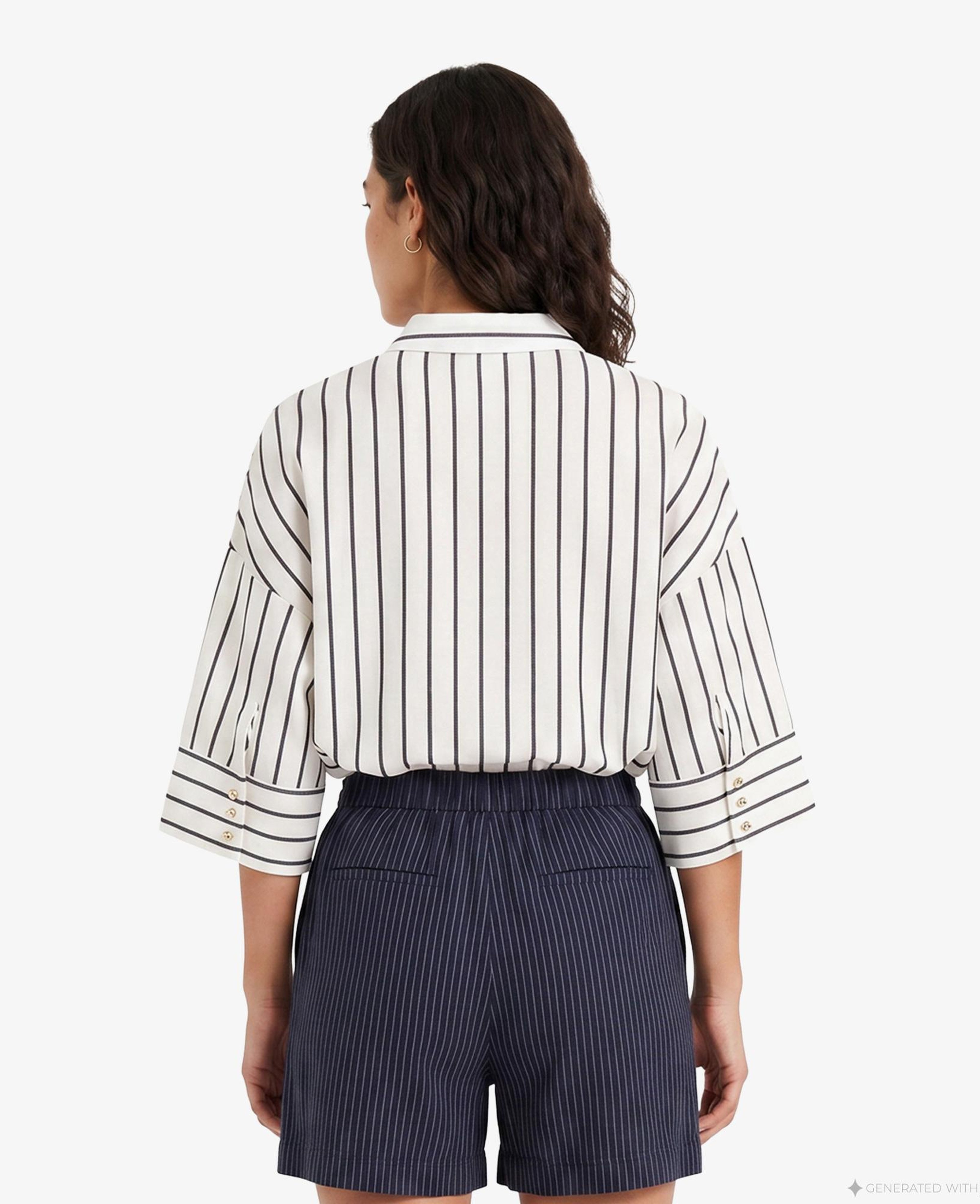 Nautica Kadın Beyaz Regular Fit Kısa Kollu Çizgili Gömlek