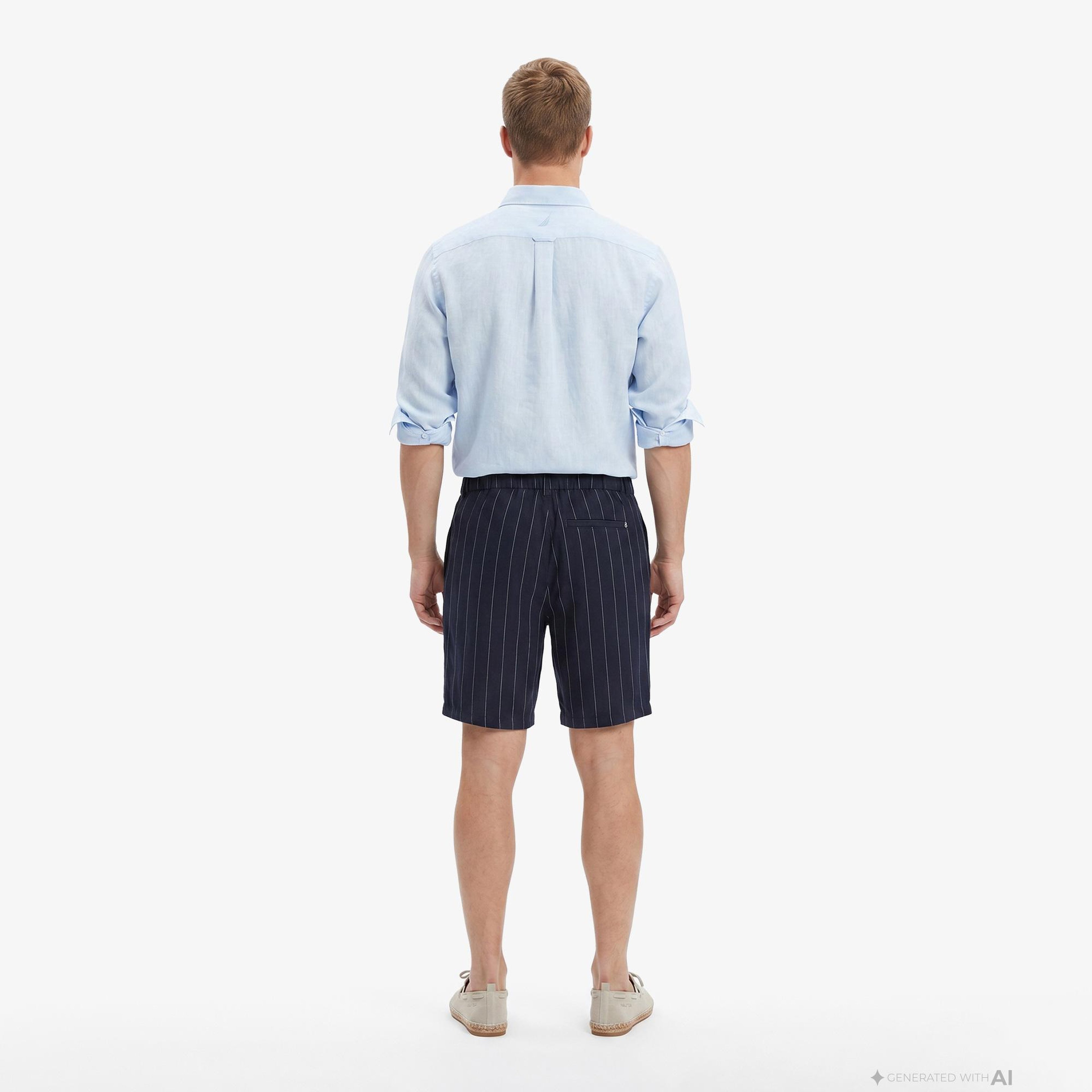 Nautica Erkek Lacivert Regular Fit Çizgili Keten Şort