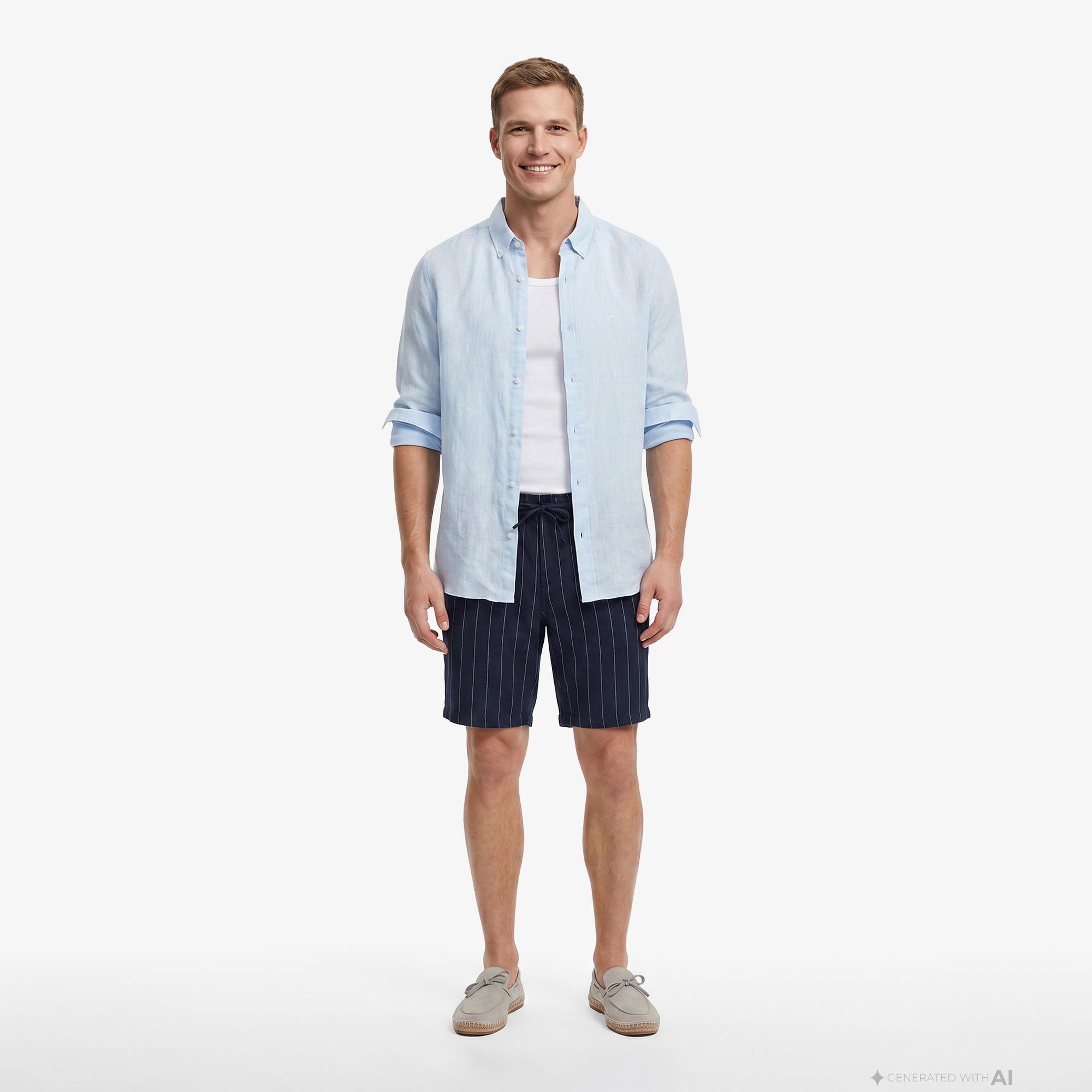 Nautica Erkek Lacivert Regular Fit Çizgili Keten Şort