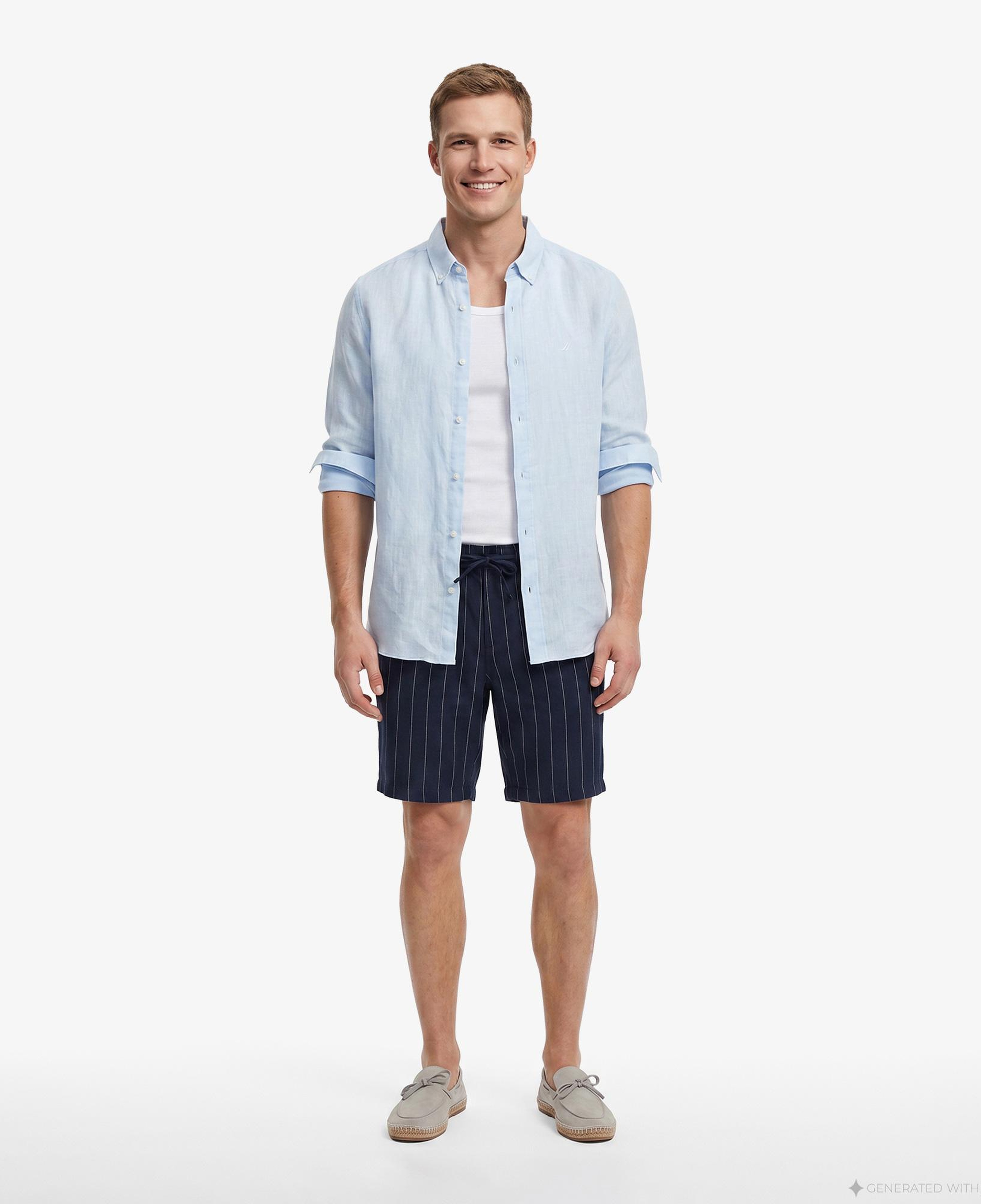 Nautica Erkek Lacivert Regular Fit Çizgili Keten Şort
