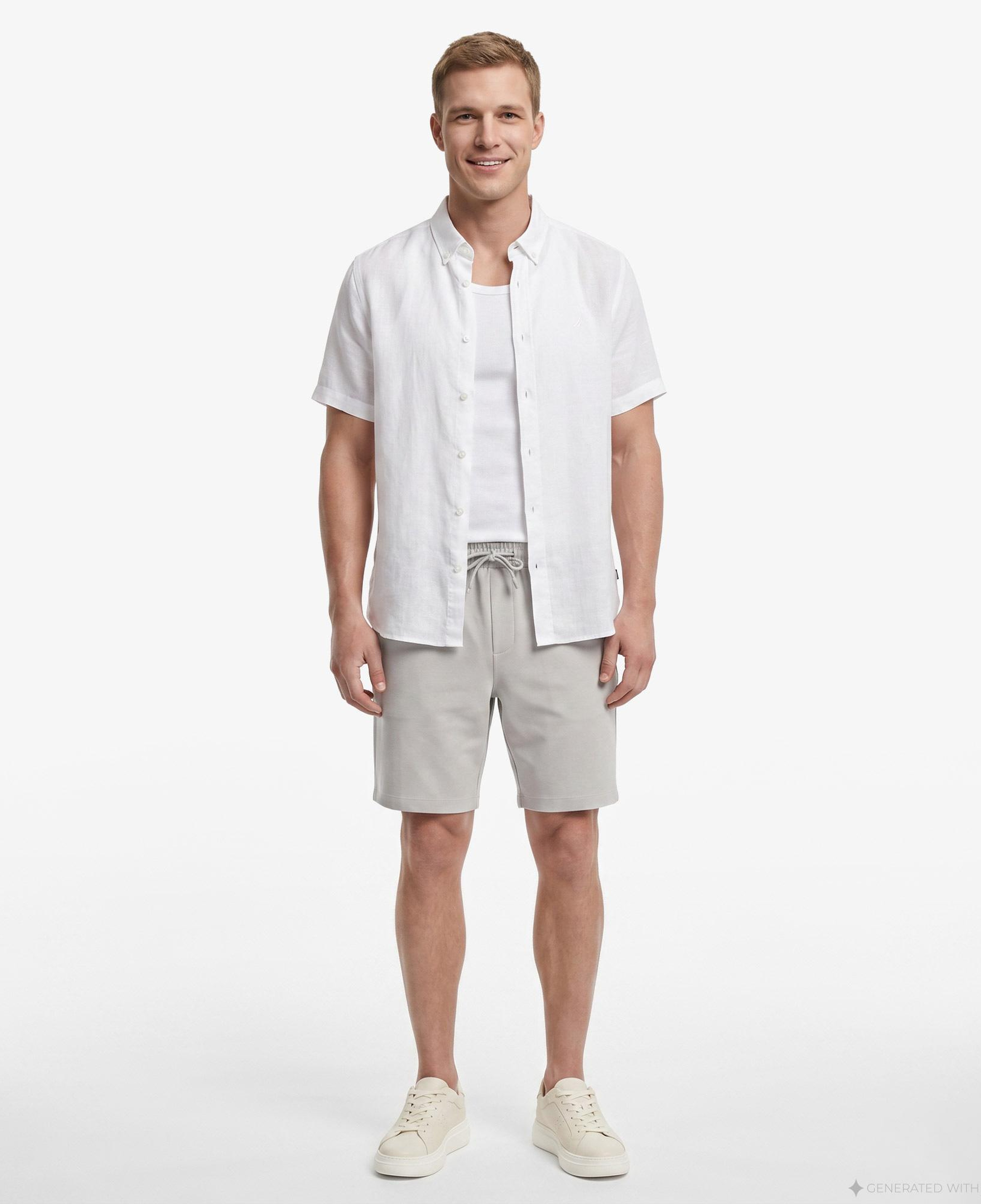 Nautica Erkek Beyaz Regular Fit Kısa Kollu Keten Gömlek