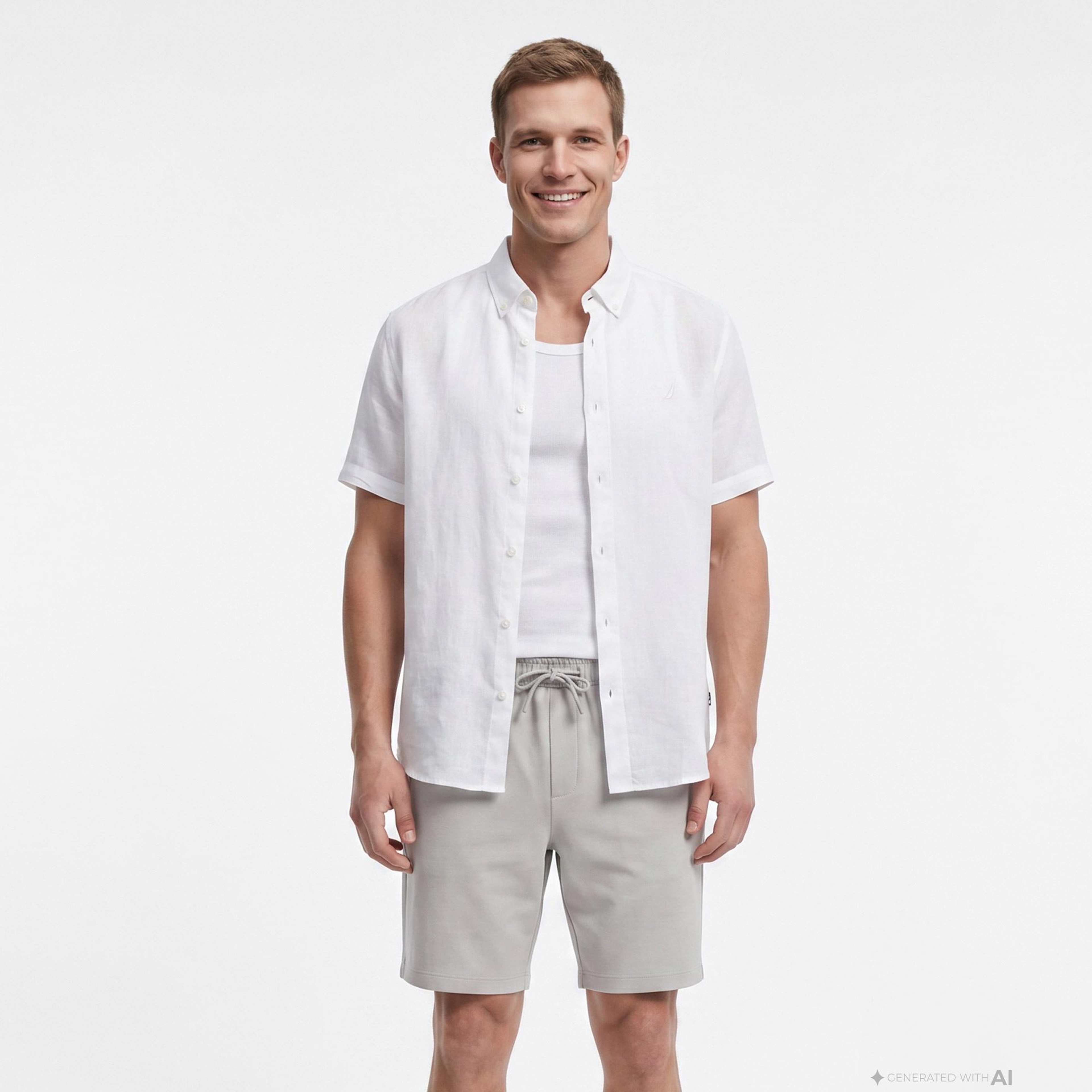 Nautica Erkek Beyaz Regular Fit Kısa Kollu Keten Gömlek