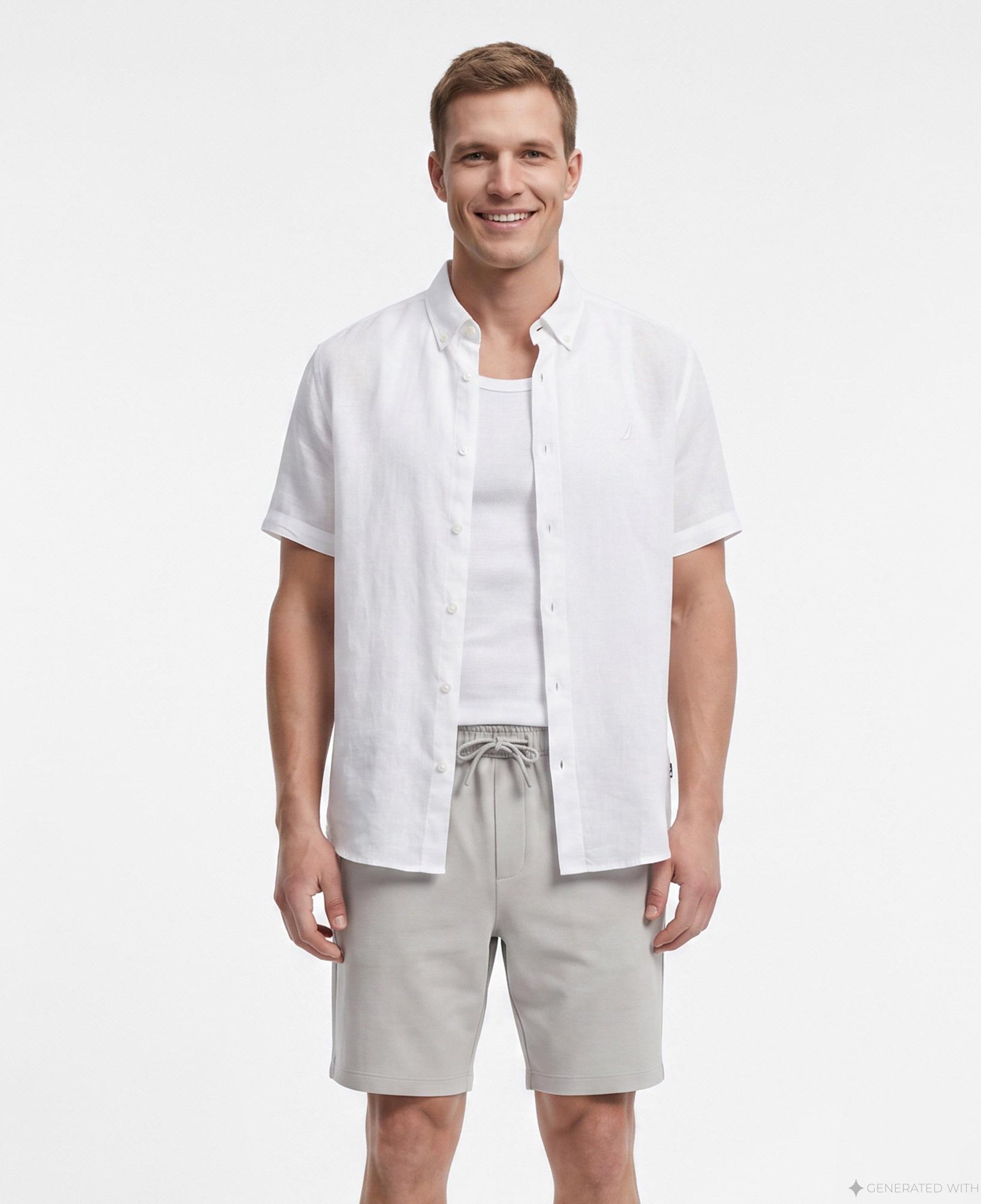 Nautica Erkek Beyaz Regular Fit Kısa Kollu Keten Gömlek