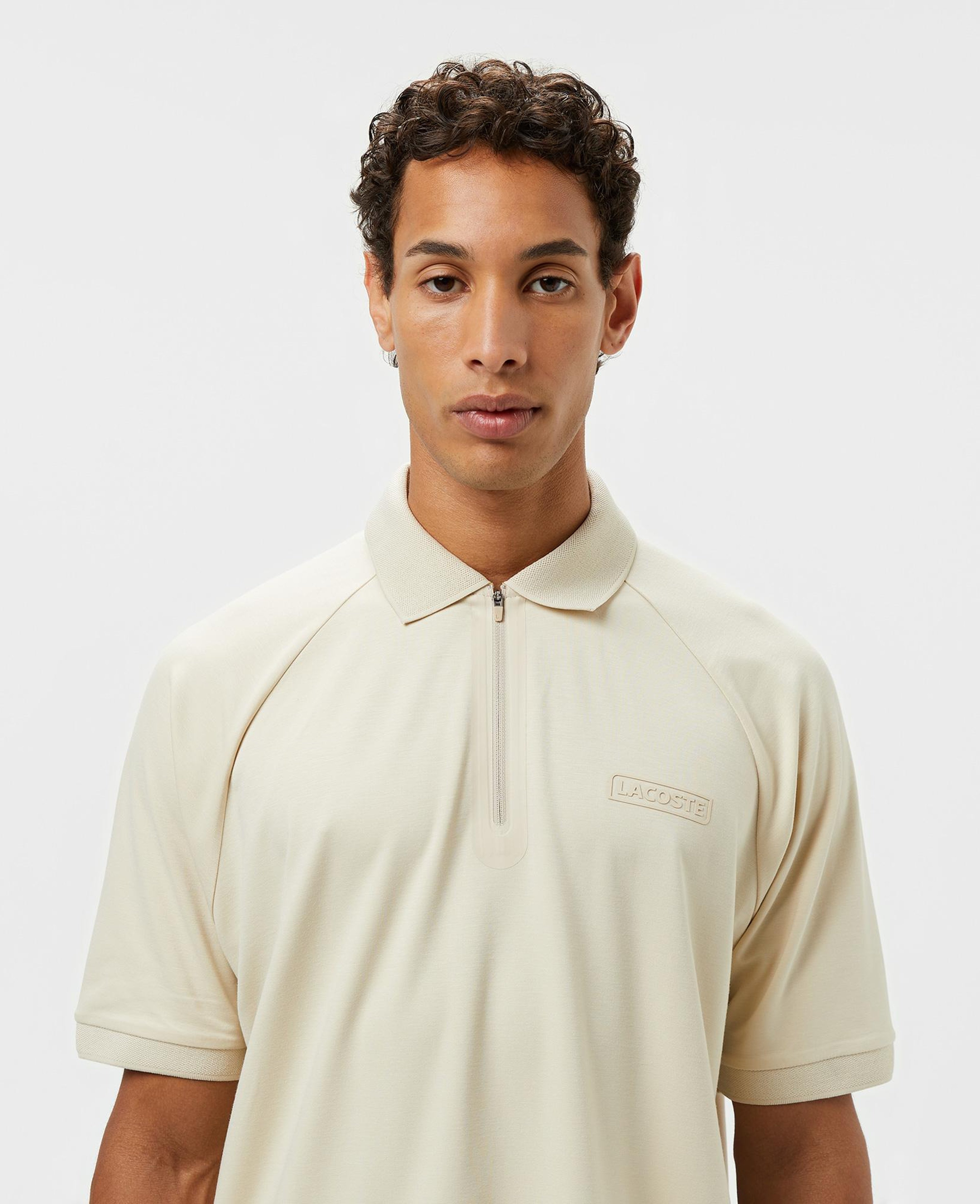 Erkek Oversize Fit Yarım Fermuarlı Bej Polo