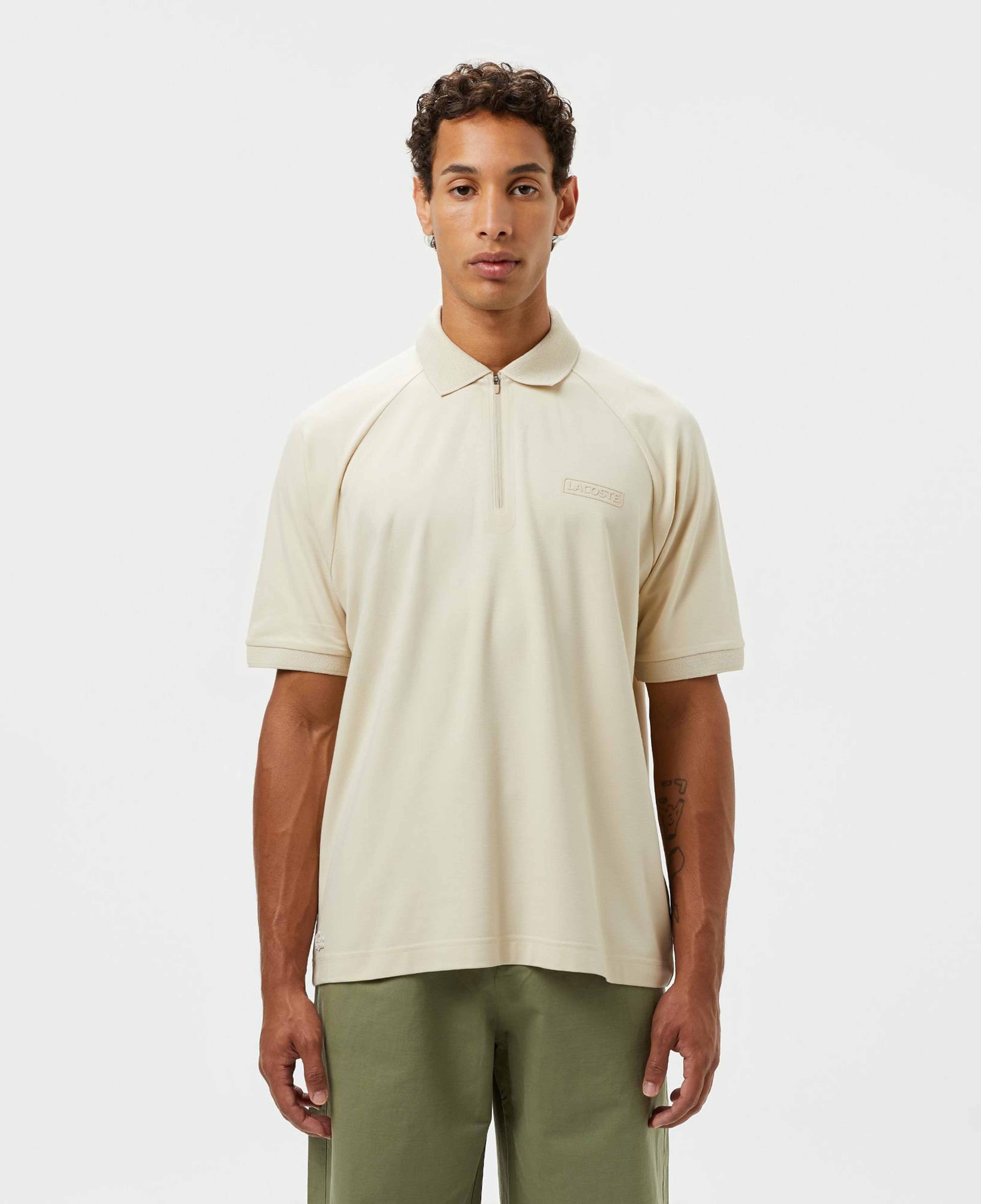 Erkek Oversize Fit Yarım Fermuarlı Bej Polo