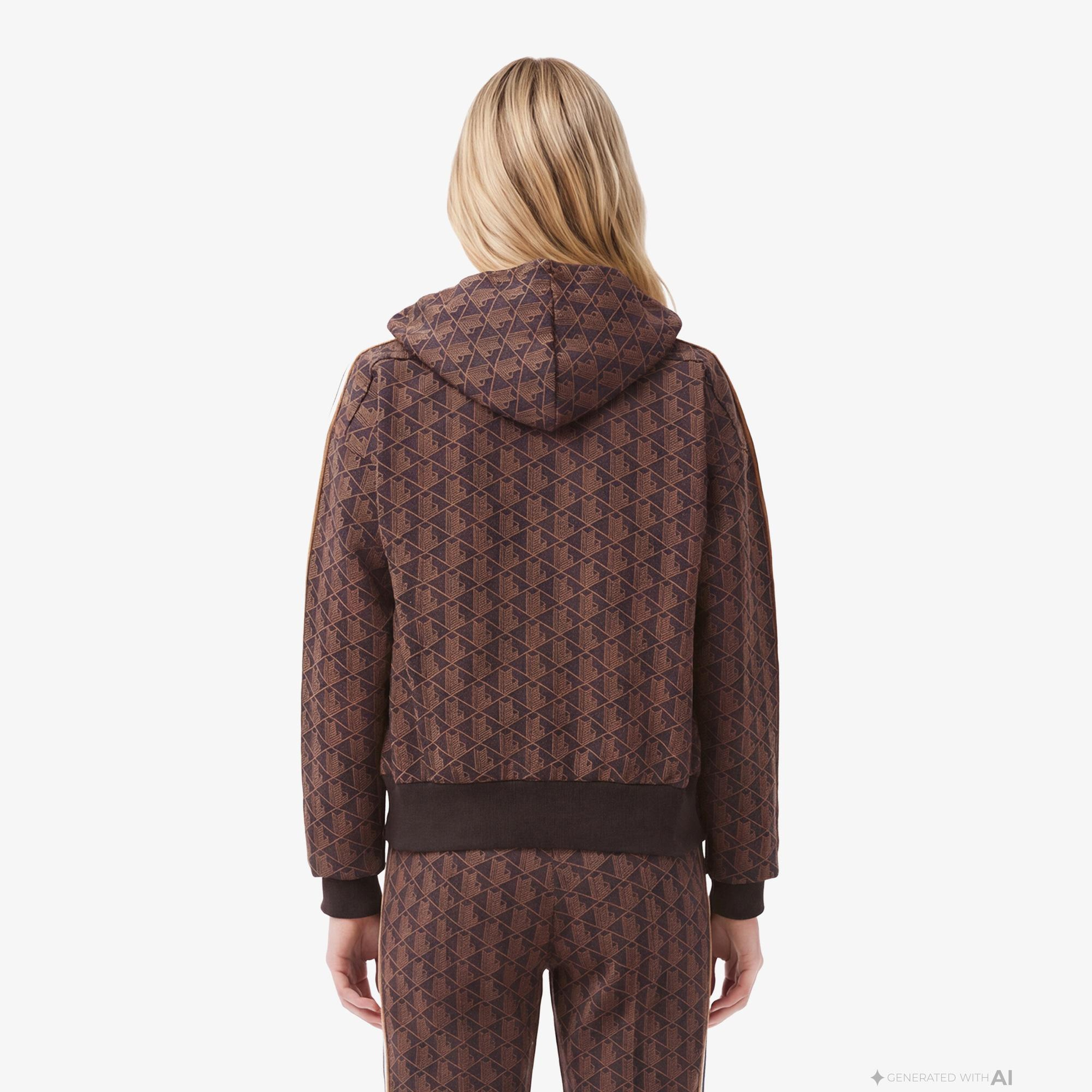 Lacoste Kadın Regular Fit Kapüşonlu Monogram Kahverengi Sweatshirt