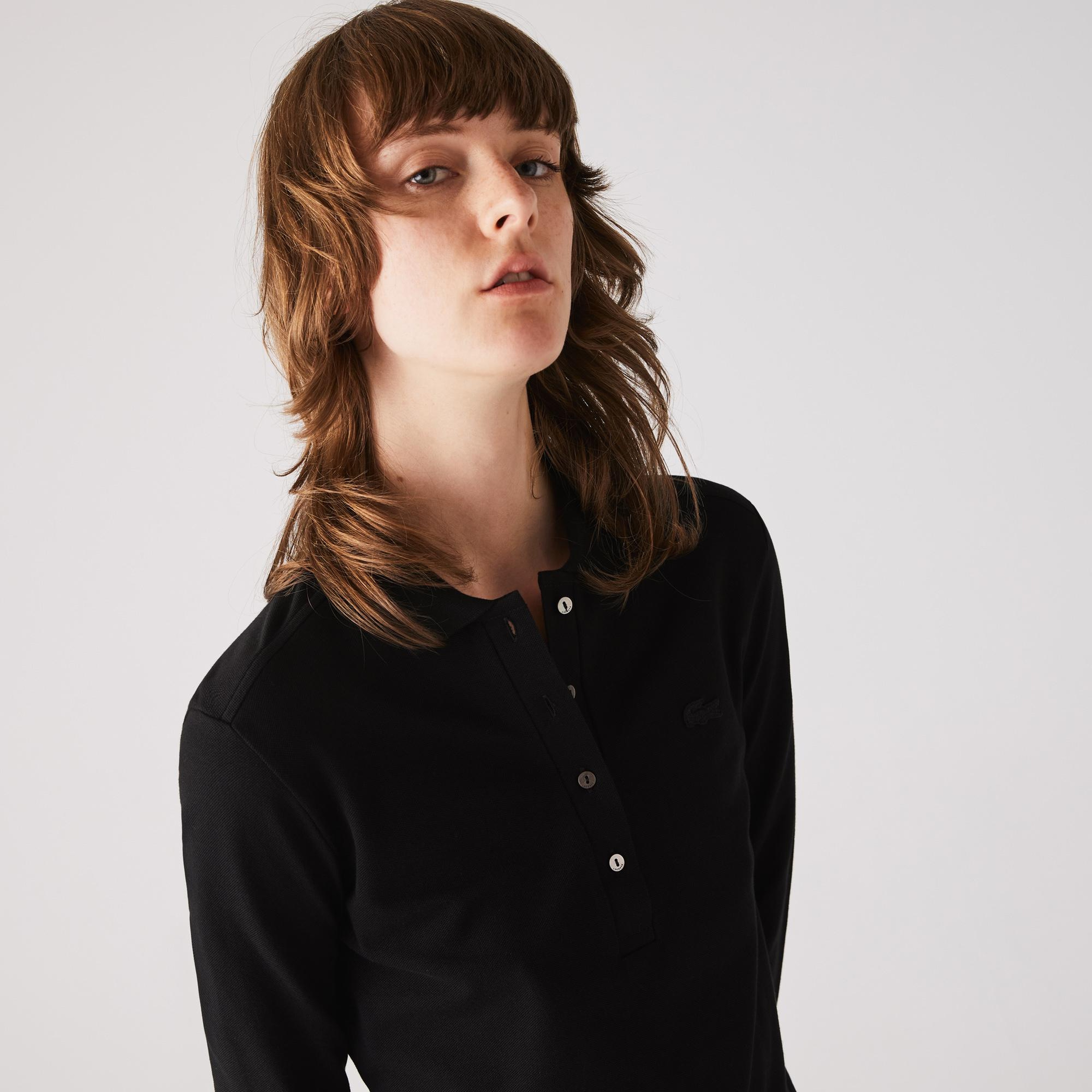 Lacoste Kadın Slim Fit Uzun Kollu Siyah Polo