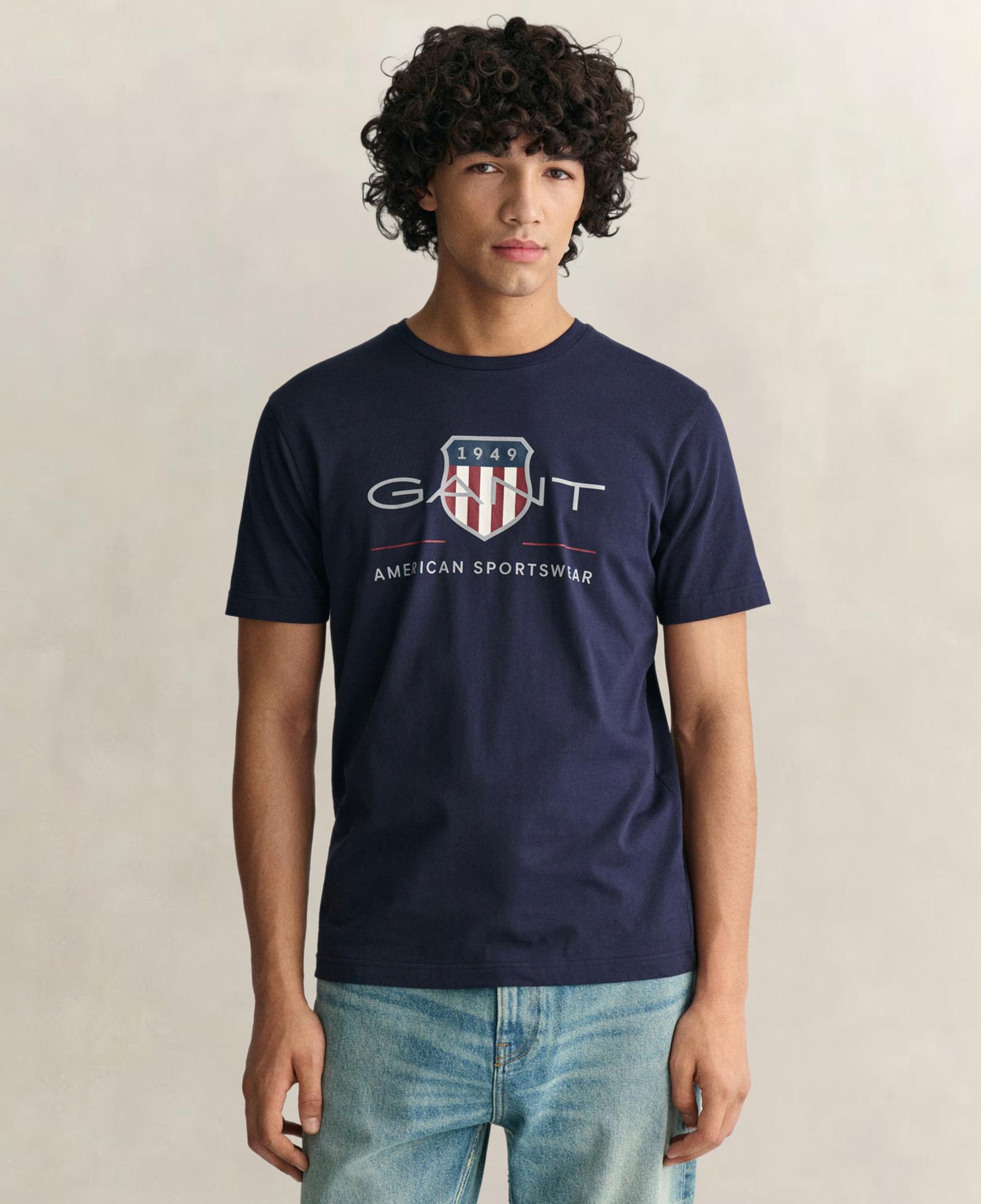 GANT Erkek Lacivert Regular Fit Bisiklet Yaka Logolu T-Shirt
