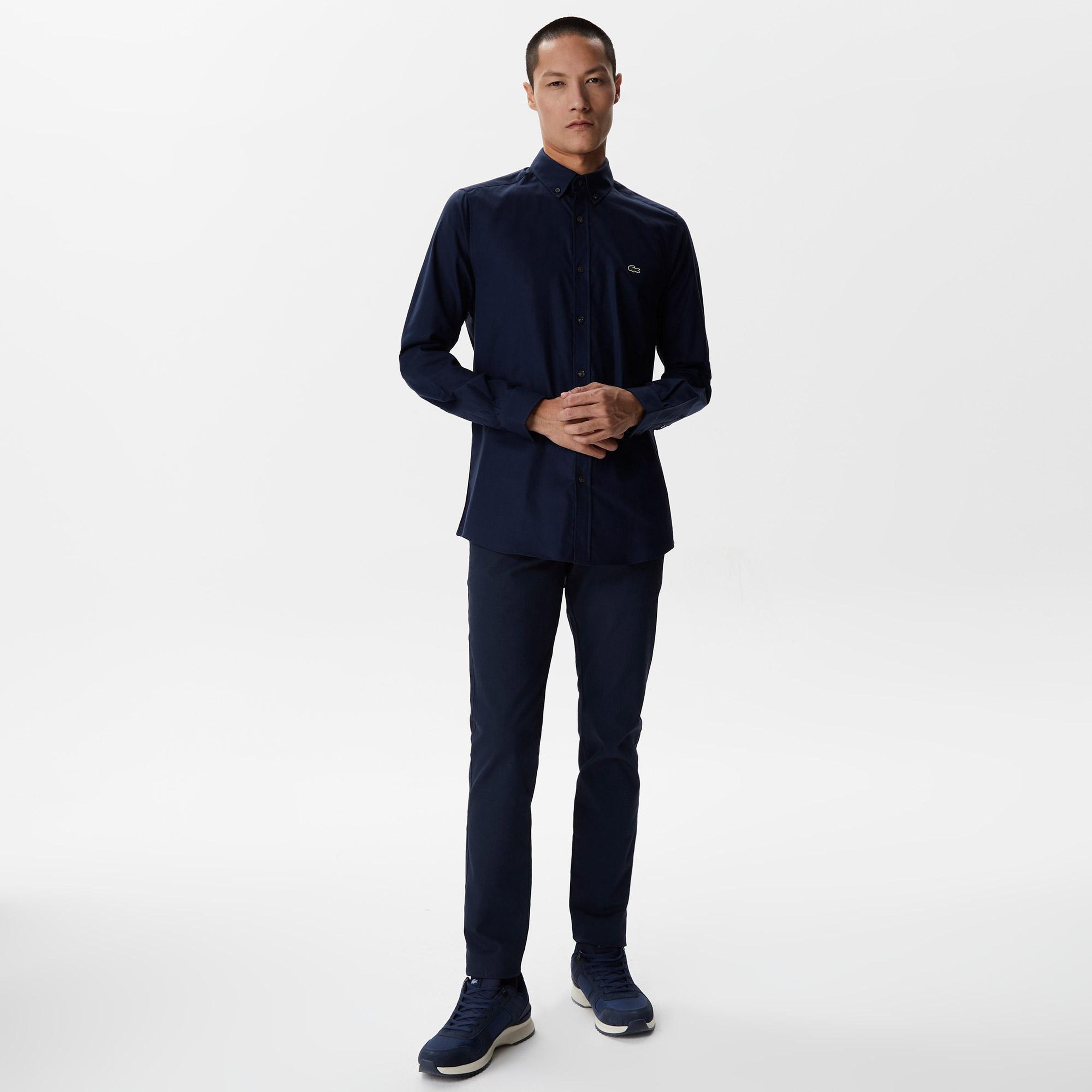 Erkek Slim Fit Düğmeli Yaka Lacivert Gömlek