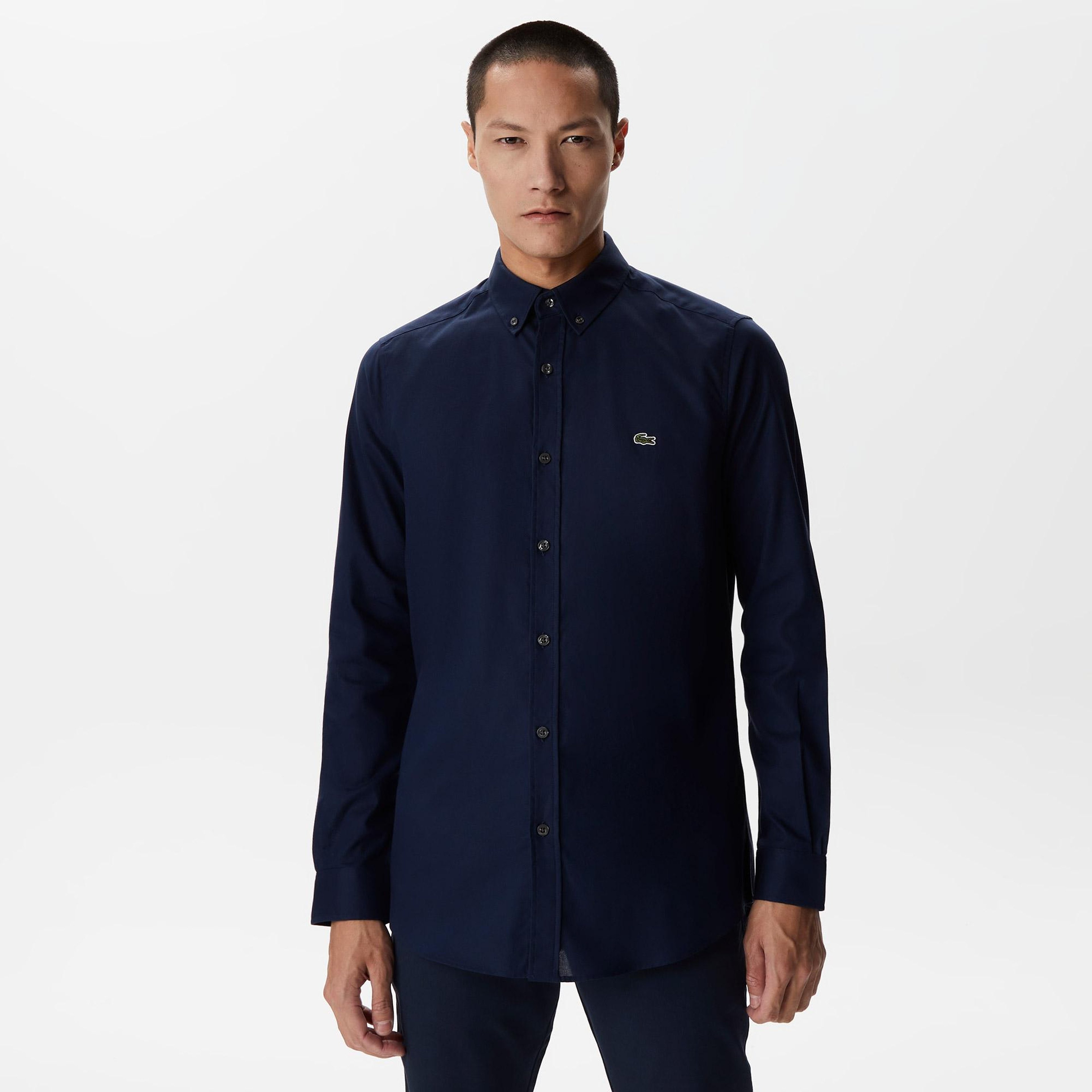 Erkek Slim Fit Düğmeli Yaka Lacivert Gömlek
