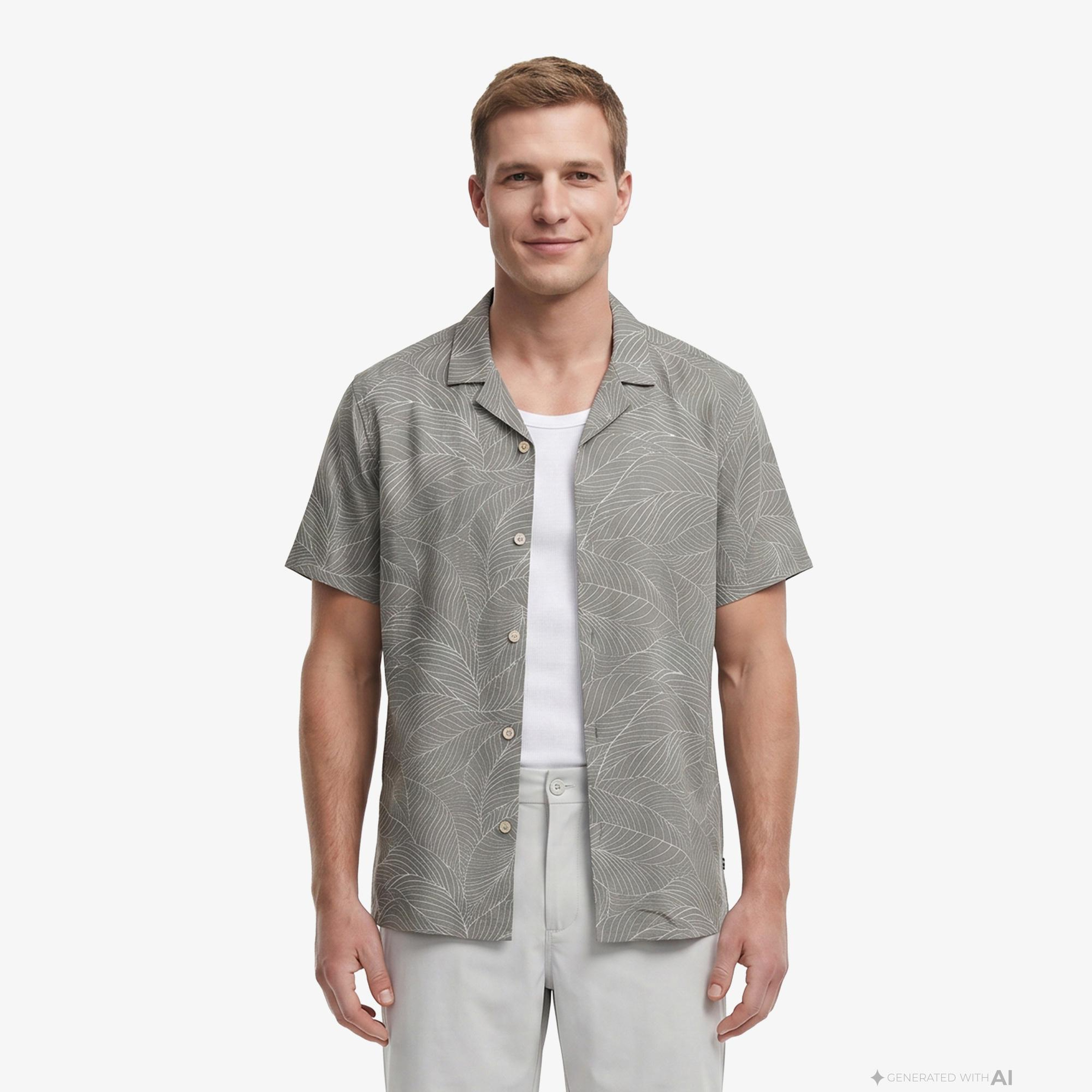 Nautica Erkek Yeşil Regular Fit Kısa Kollu Desenli Keten Gömlek
