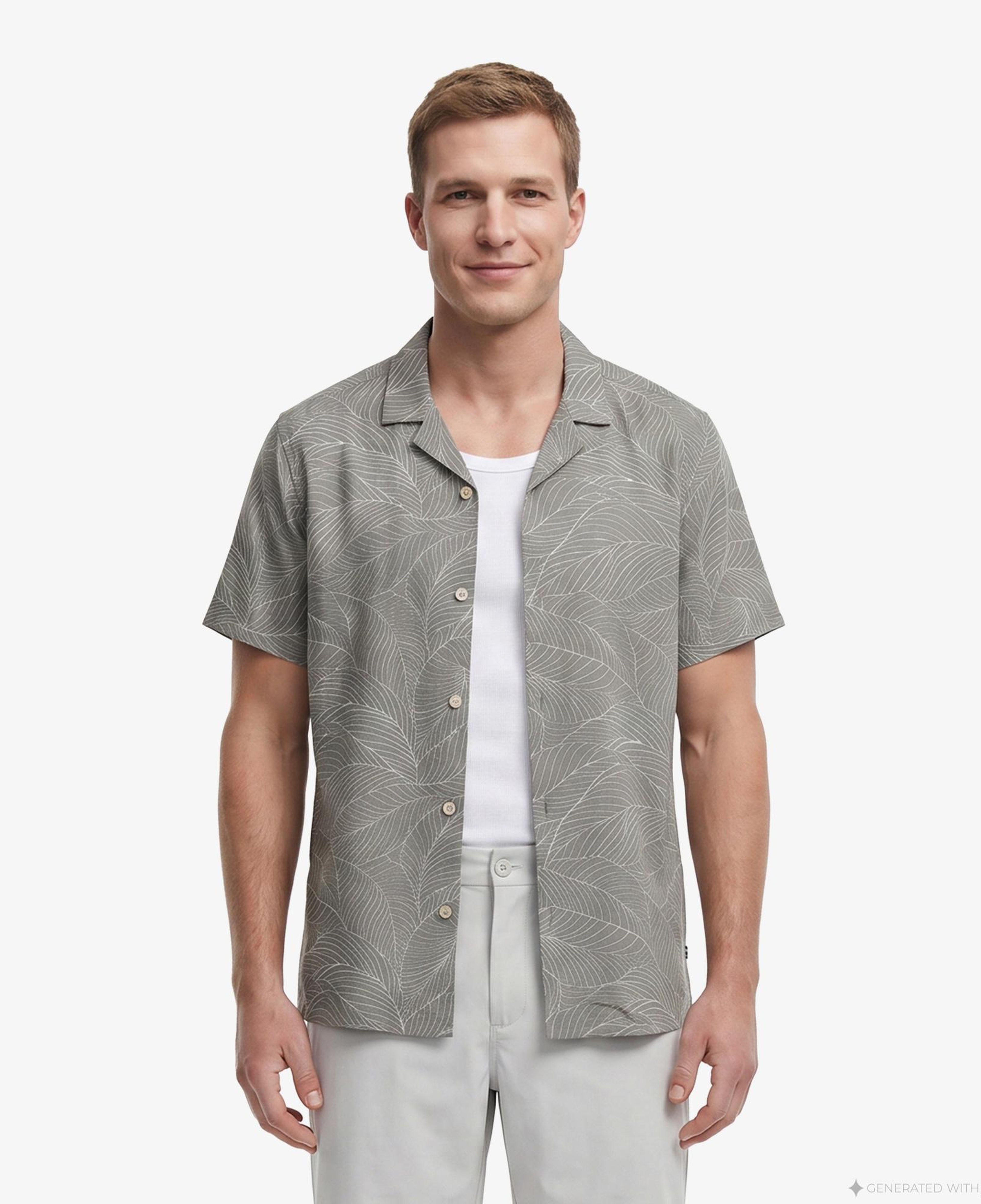 Nautica Erkek Yeşil Regular Fit Kısa Kollu Desenli Keten Gömlek
