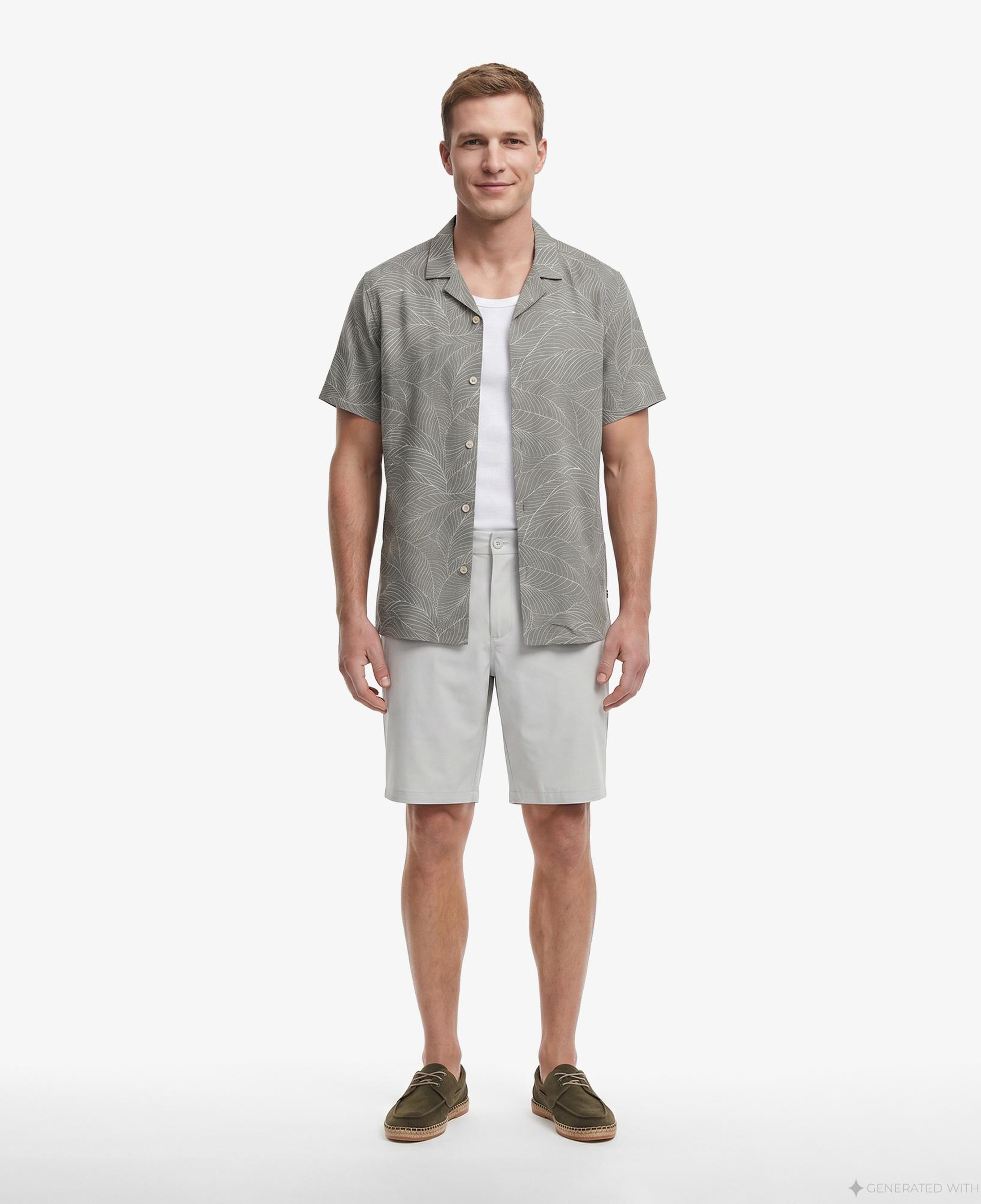Nautica Erkek Yeşil Regular Fit Kısa Kollu Desenli Keten Gömlek
