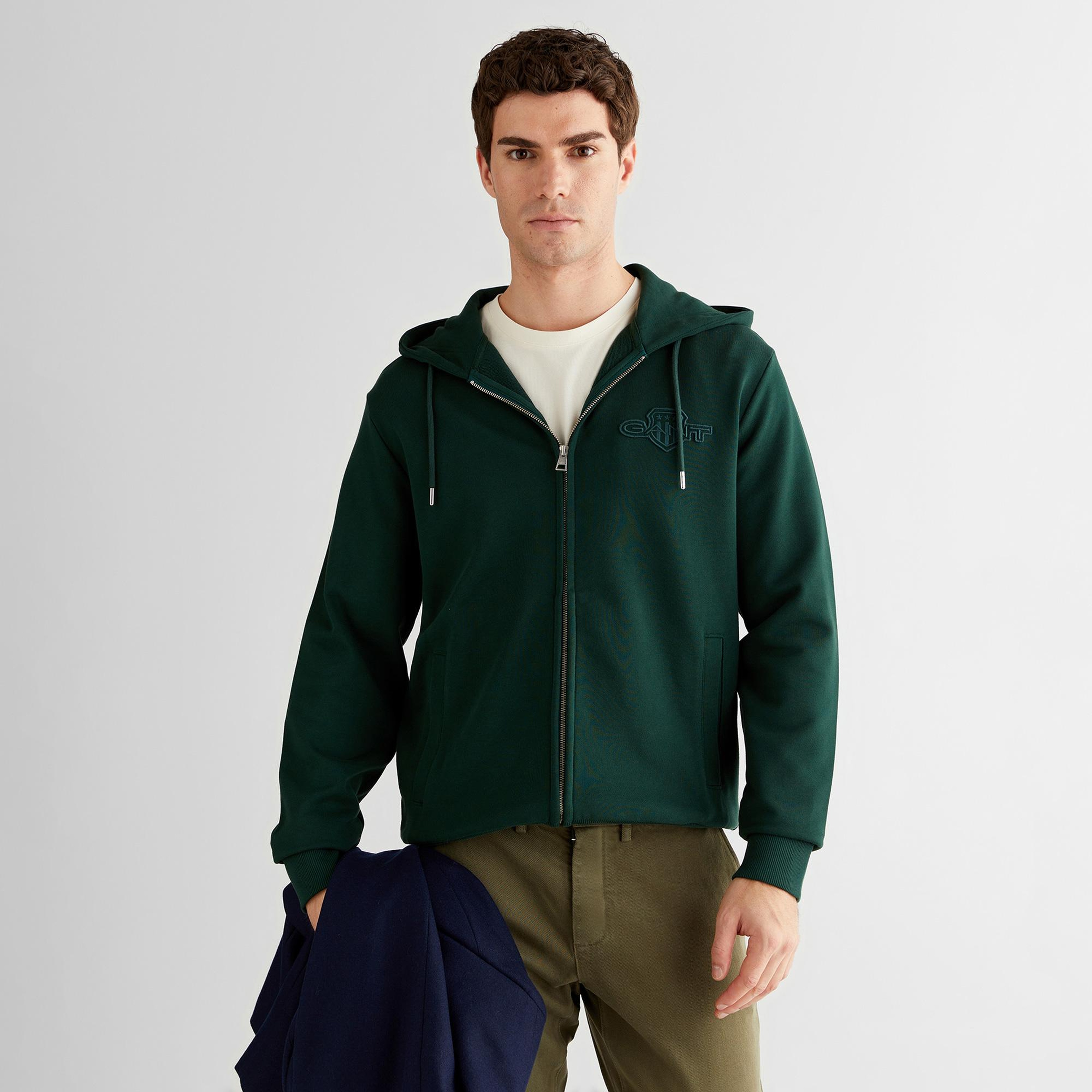 GANT Erkek Yeşil Regular Fit Kapüşonlu Fermuarlı Sweatshirt