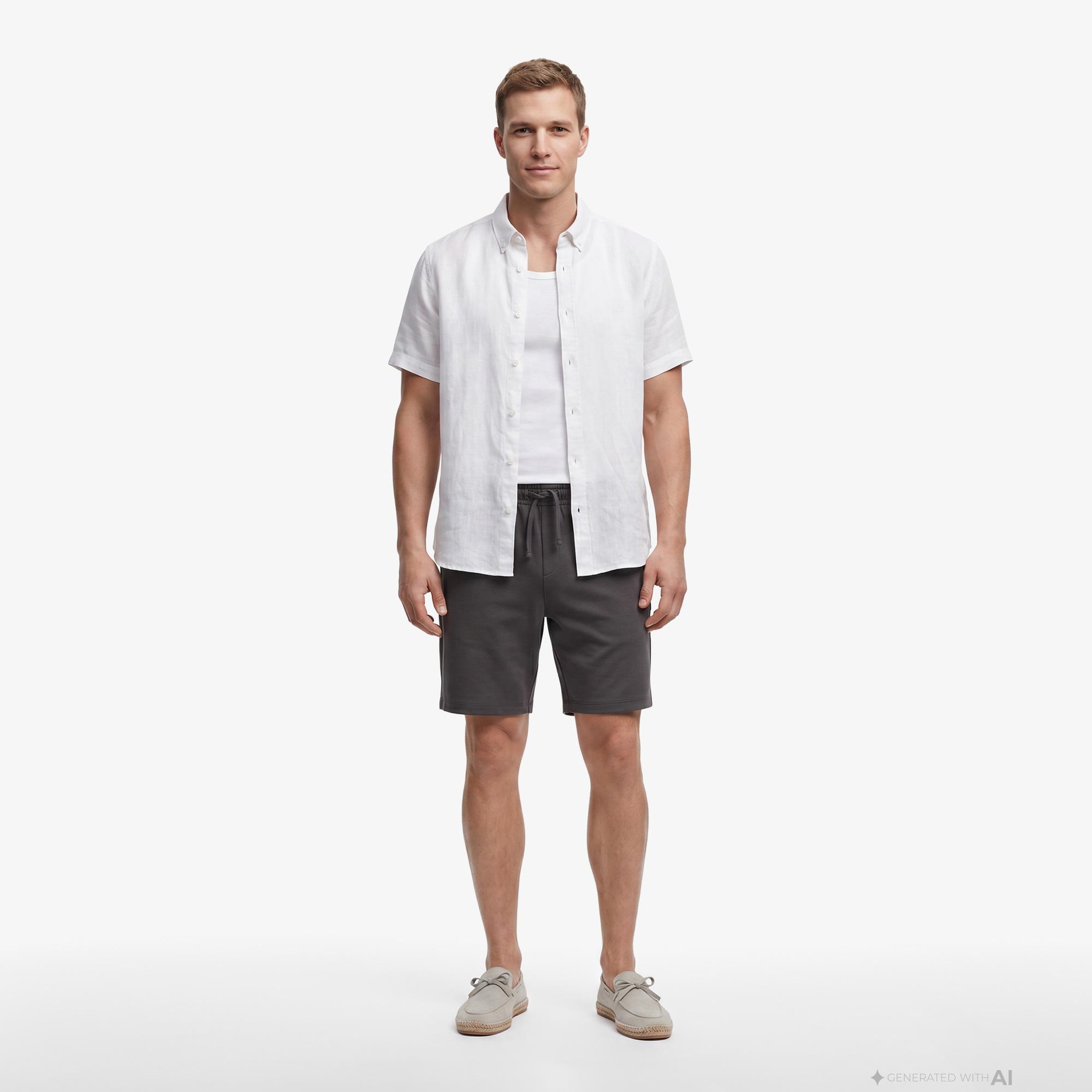 Nautica Erkek Açık Gri Regular Fit Kısa Kollu Keten Gömlek