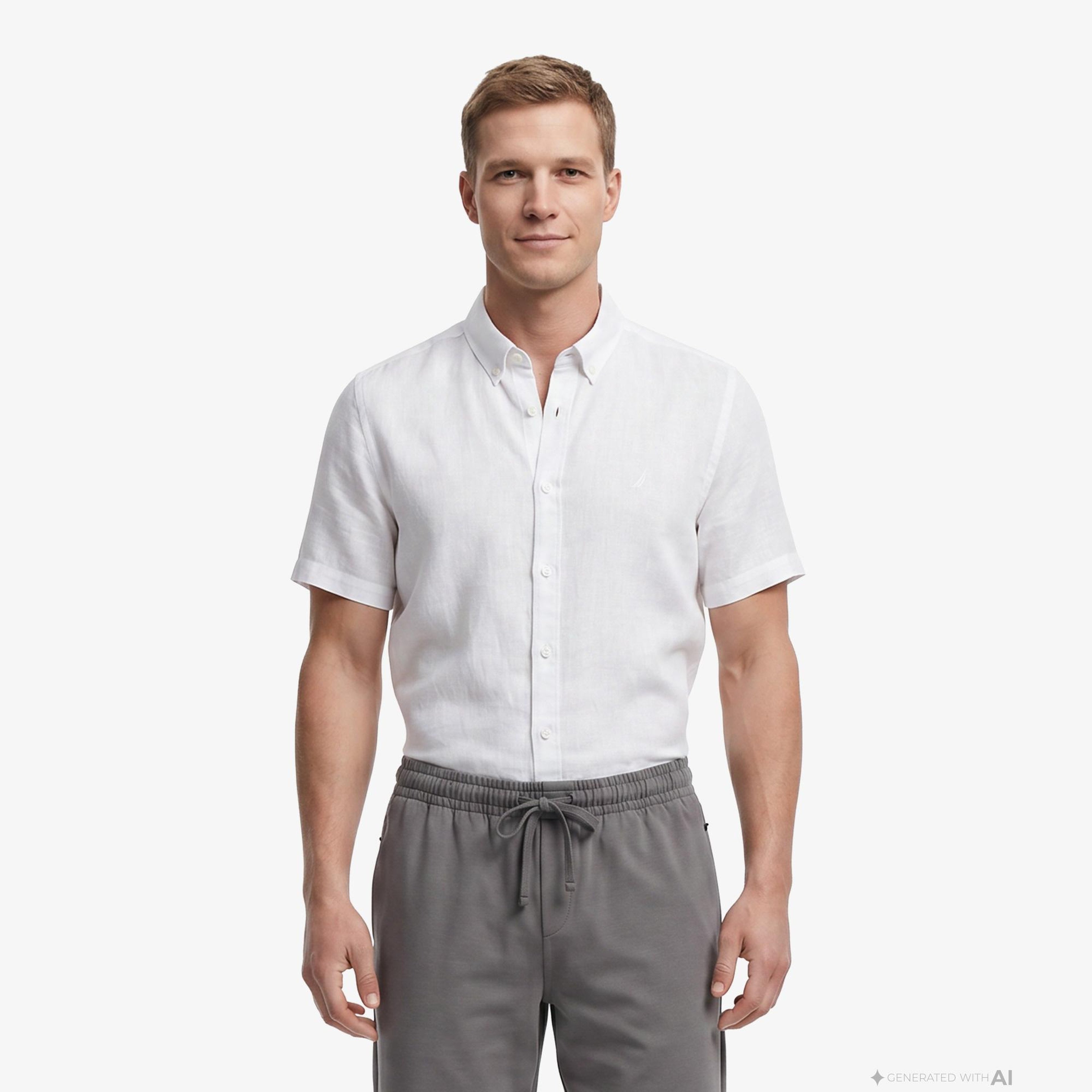 Nautica Erkek Açık Gri Regular Fit Kısa Kollu Keten Gömlek