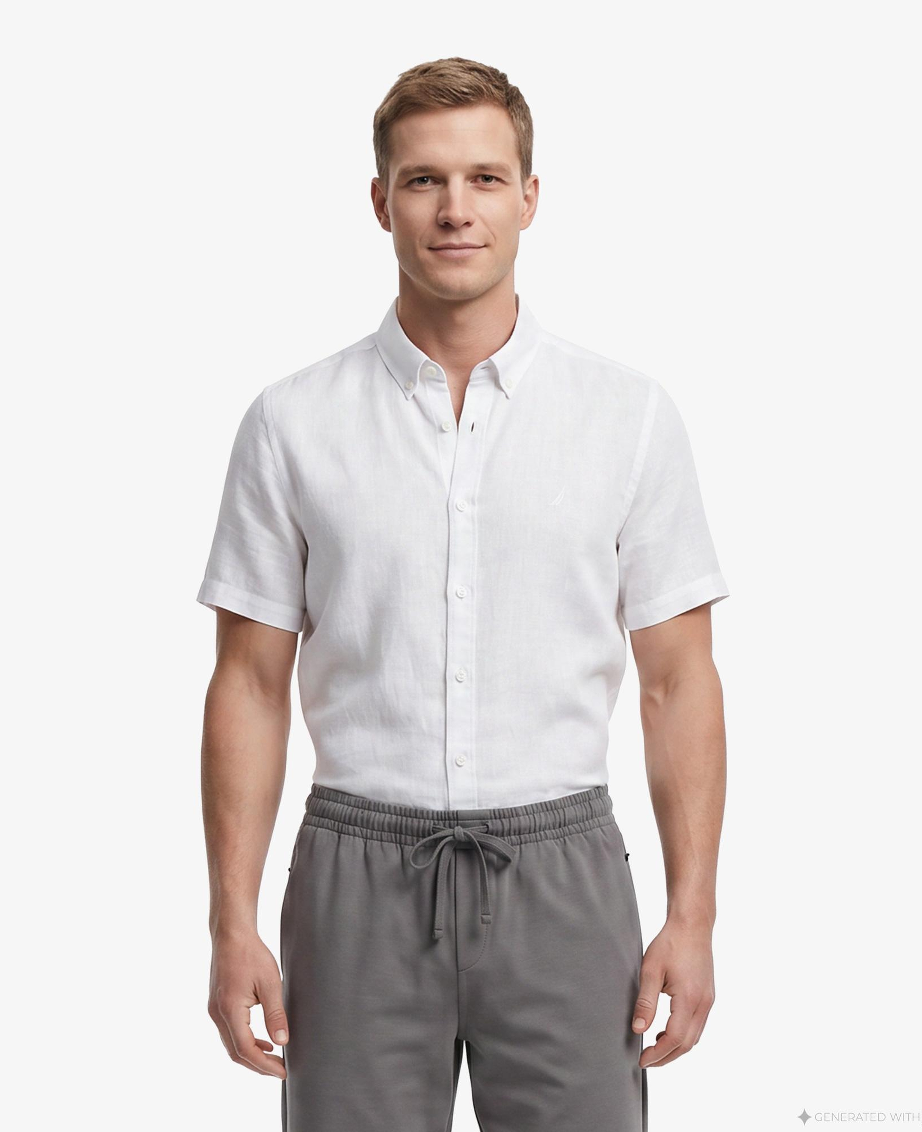 Nautica Erkek Açık Gri Regular Fit Kısa Kollu Keten Gömlek