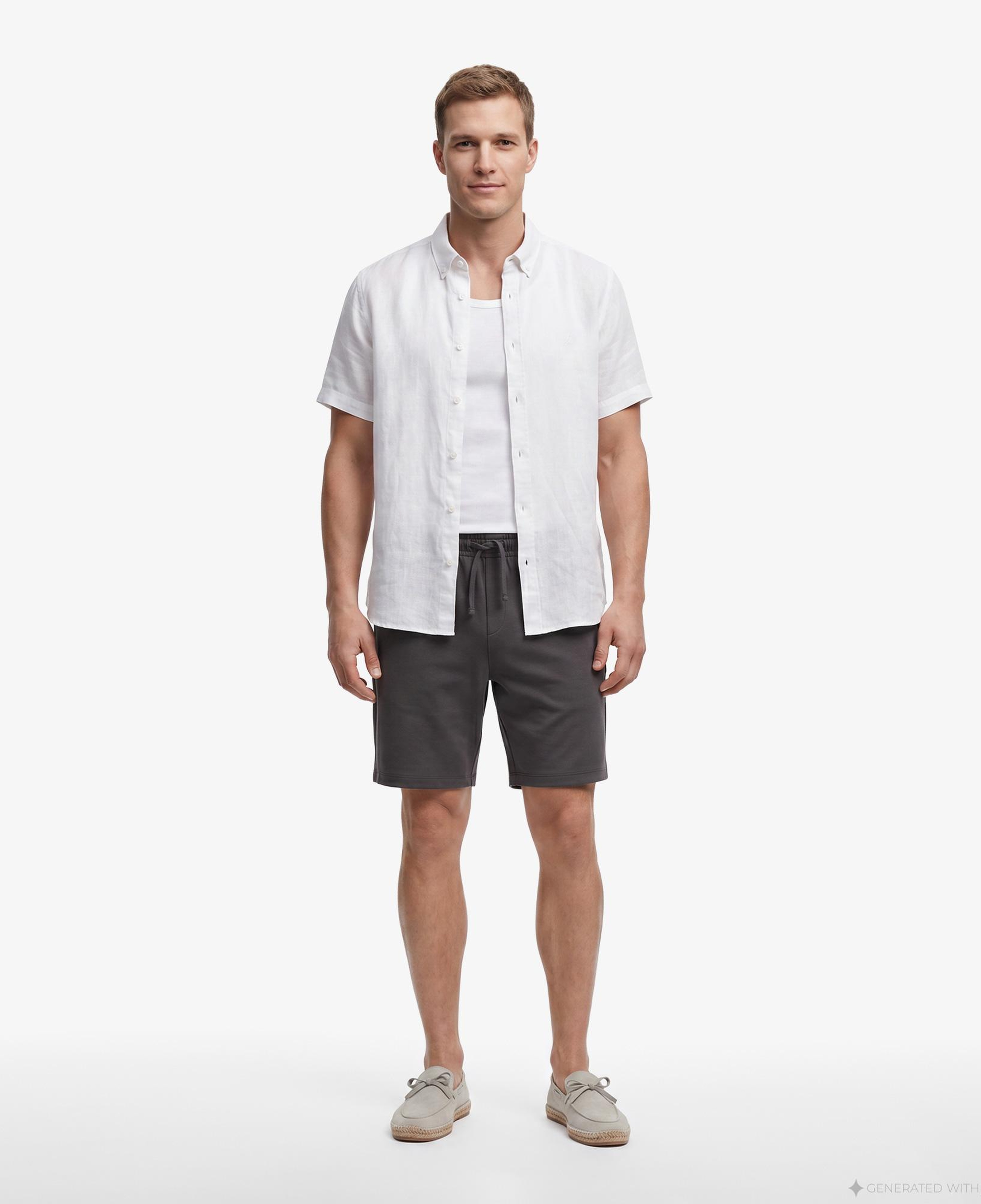 Nautica Erkek Açık Gri Regular Fit Kısa Kollu Keten Gömlek