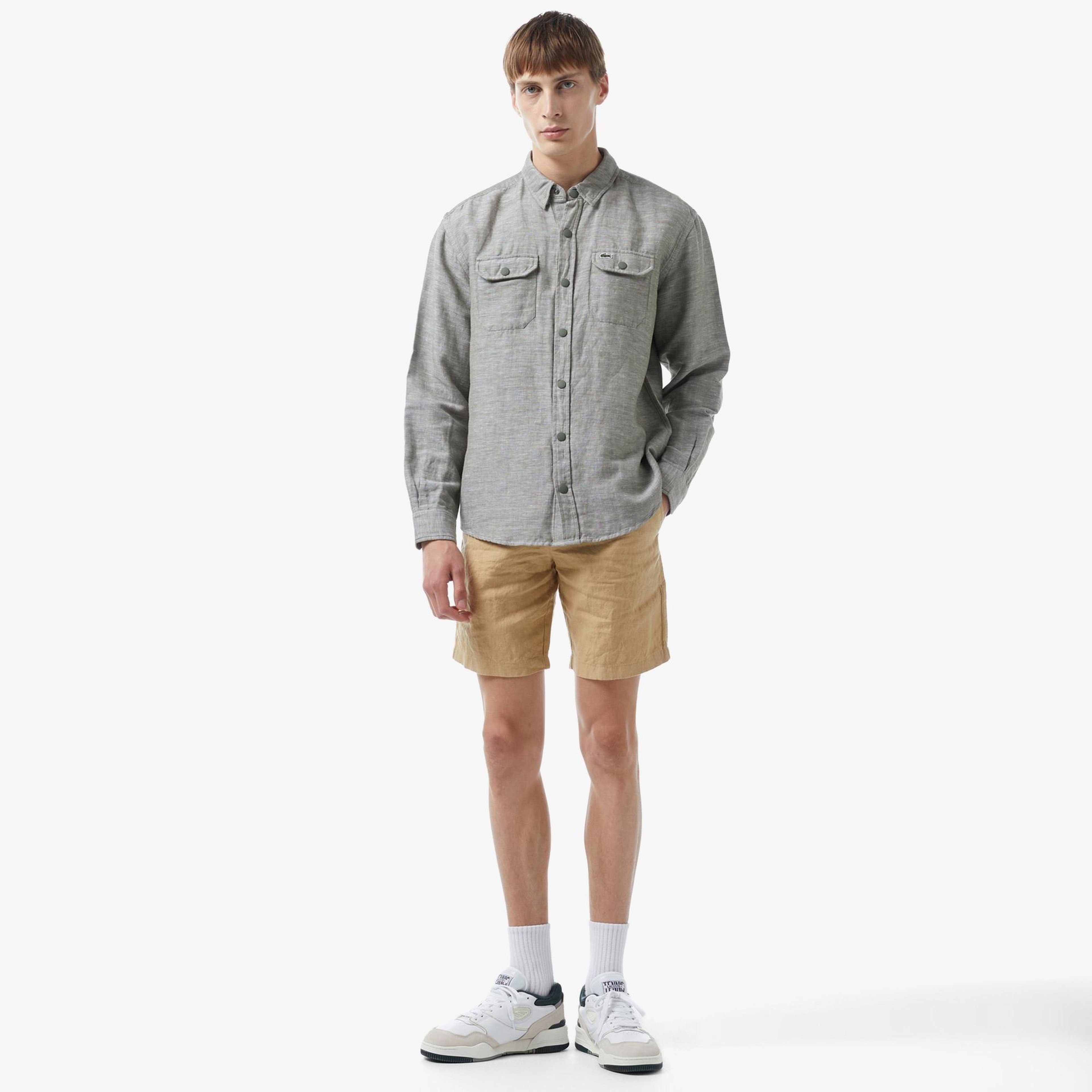 Lacoste Erkek Relaxed Fit Gri Keten Karışımlı Gömlek