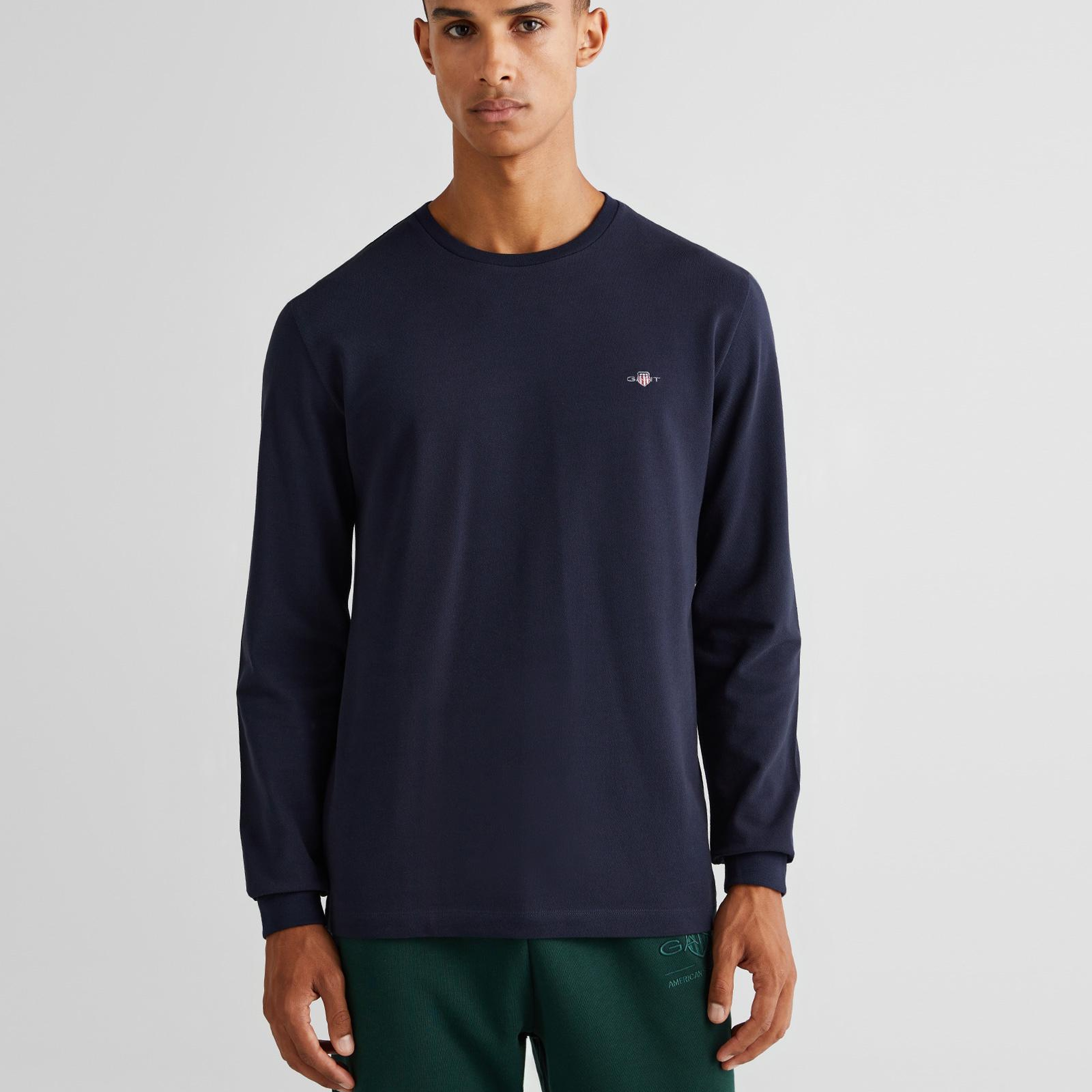 GANT Erkek Lacivert Slim Fit Bisiklet Yaka Uzun Kollu T-Shirt