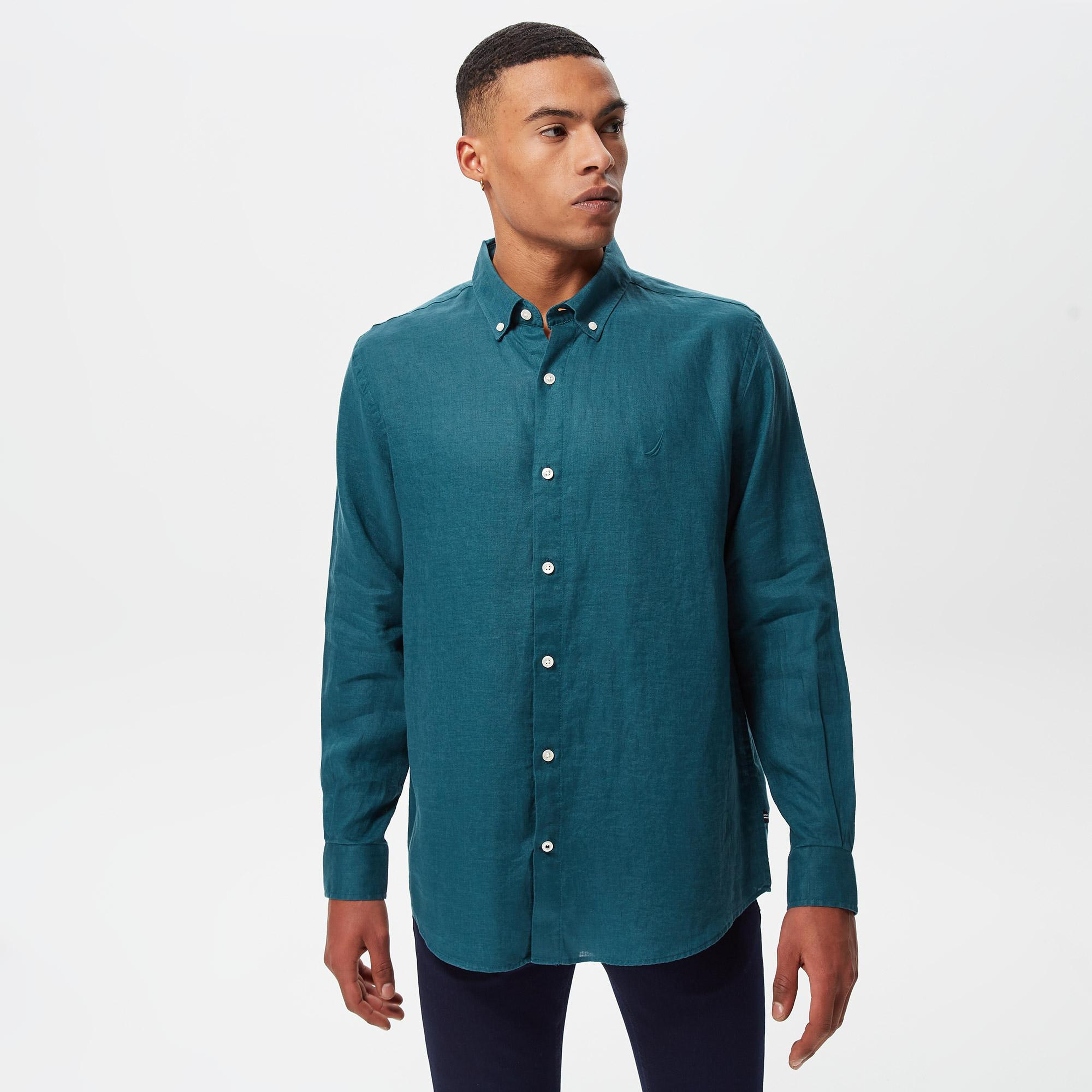 Nautica Erkek Yeşil Classic Fit Uzun Kollu Keten Gömlek