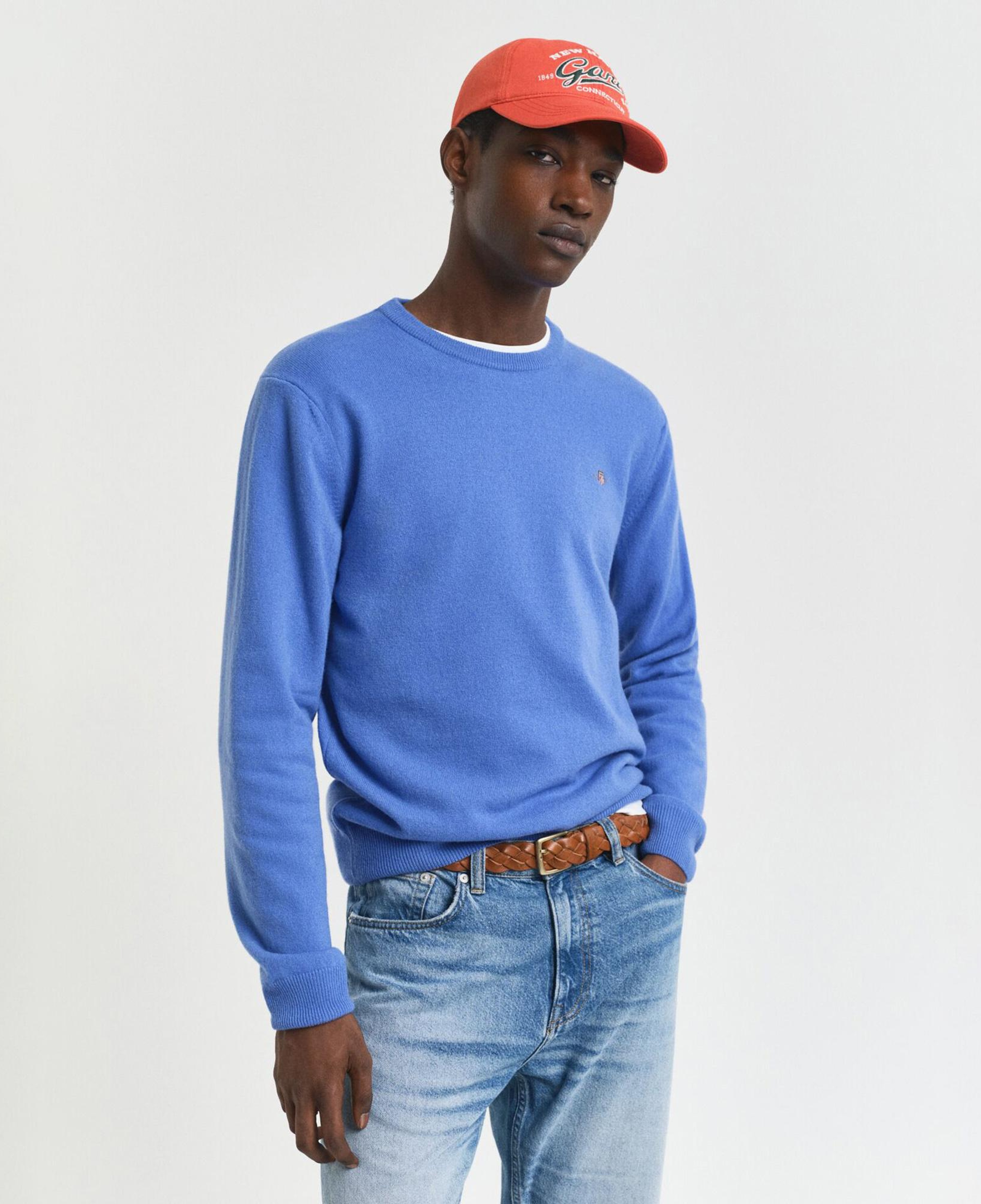 GANT Erkek Mavi Regular Fit Bisiklet Yaka Yün Kazak