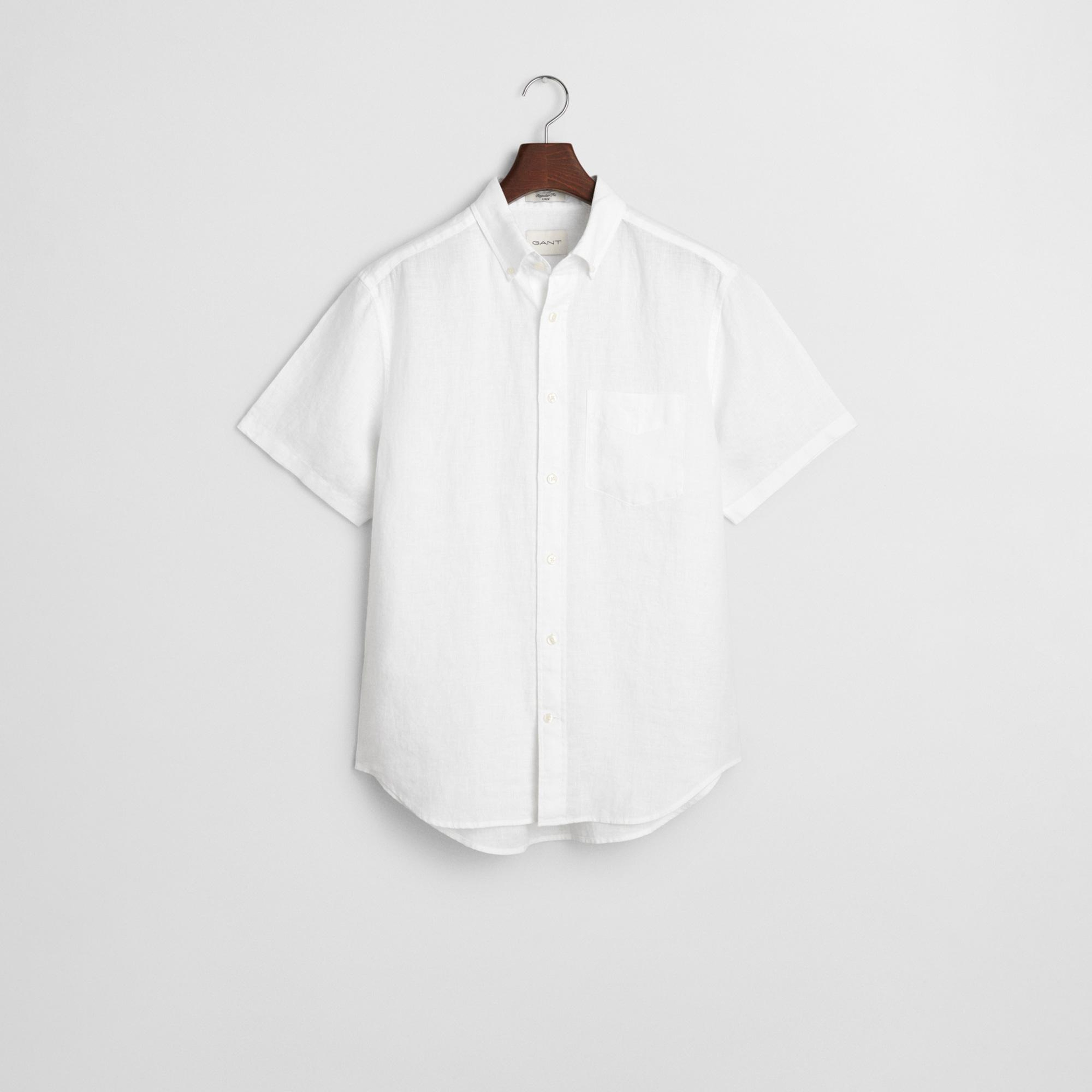 GANT Erkek Beyaz Regular Fit Düğmeli Yaka Keten Gömlek