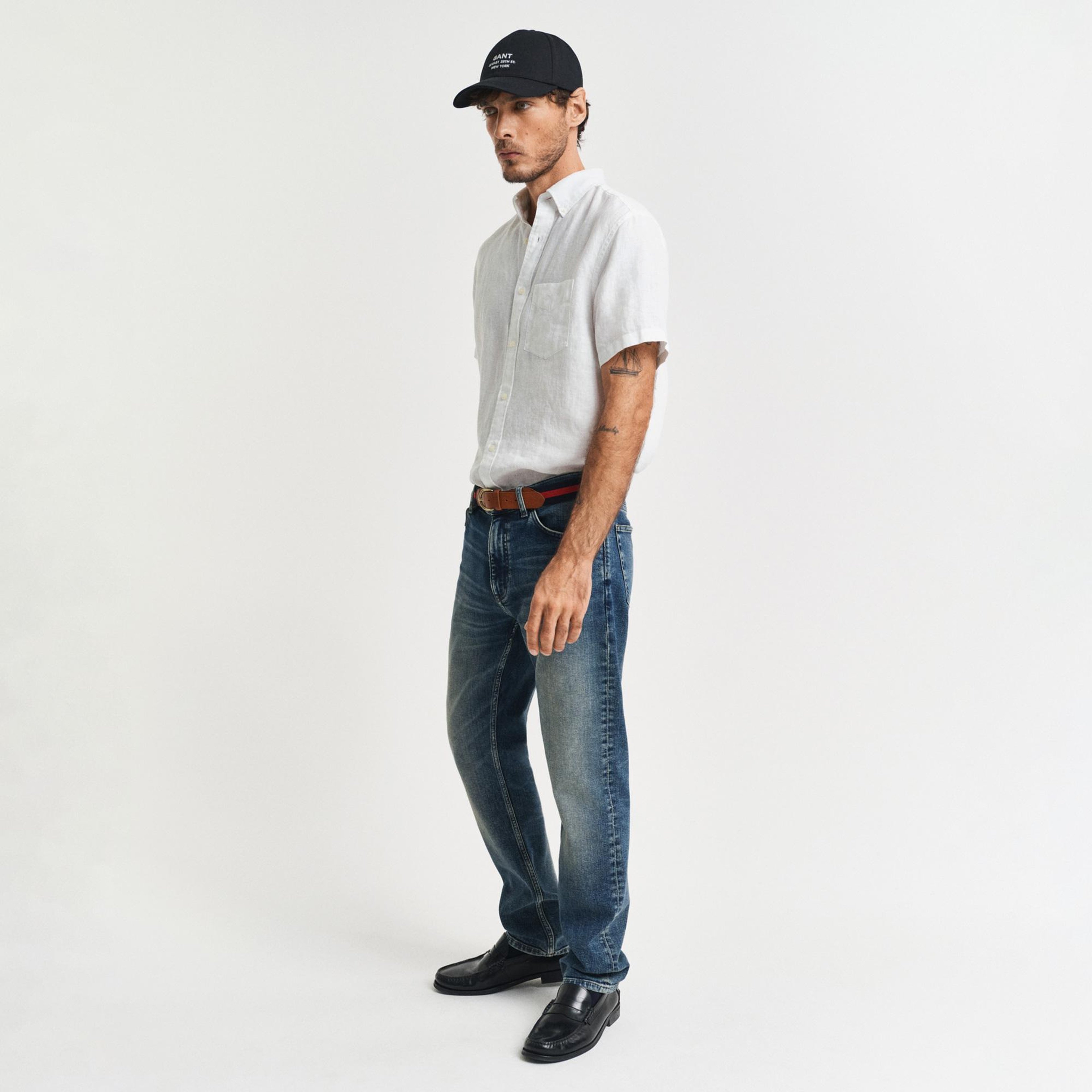 GANT Erkek Beyaz Regular Fit Düğmeli Yaka Keten Gömlek