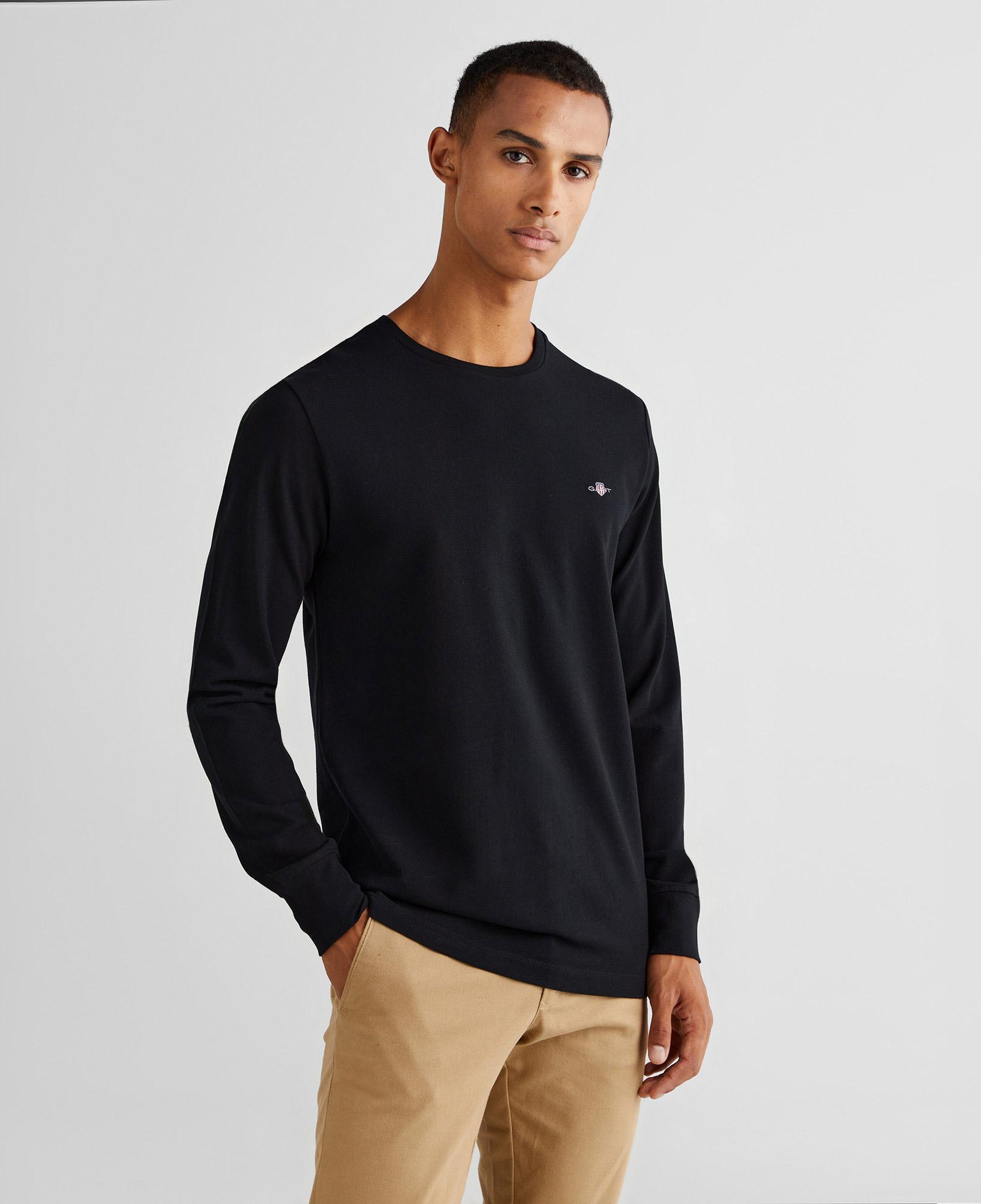 GANT Erkek Siyah Slim Fit Bisiklet Yaka Uzun Kollu T-Shirt