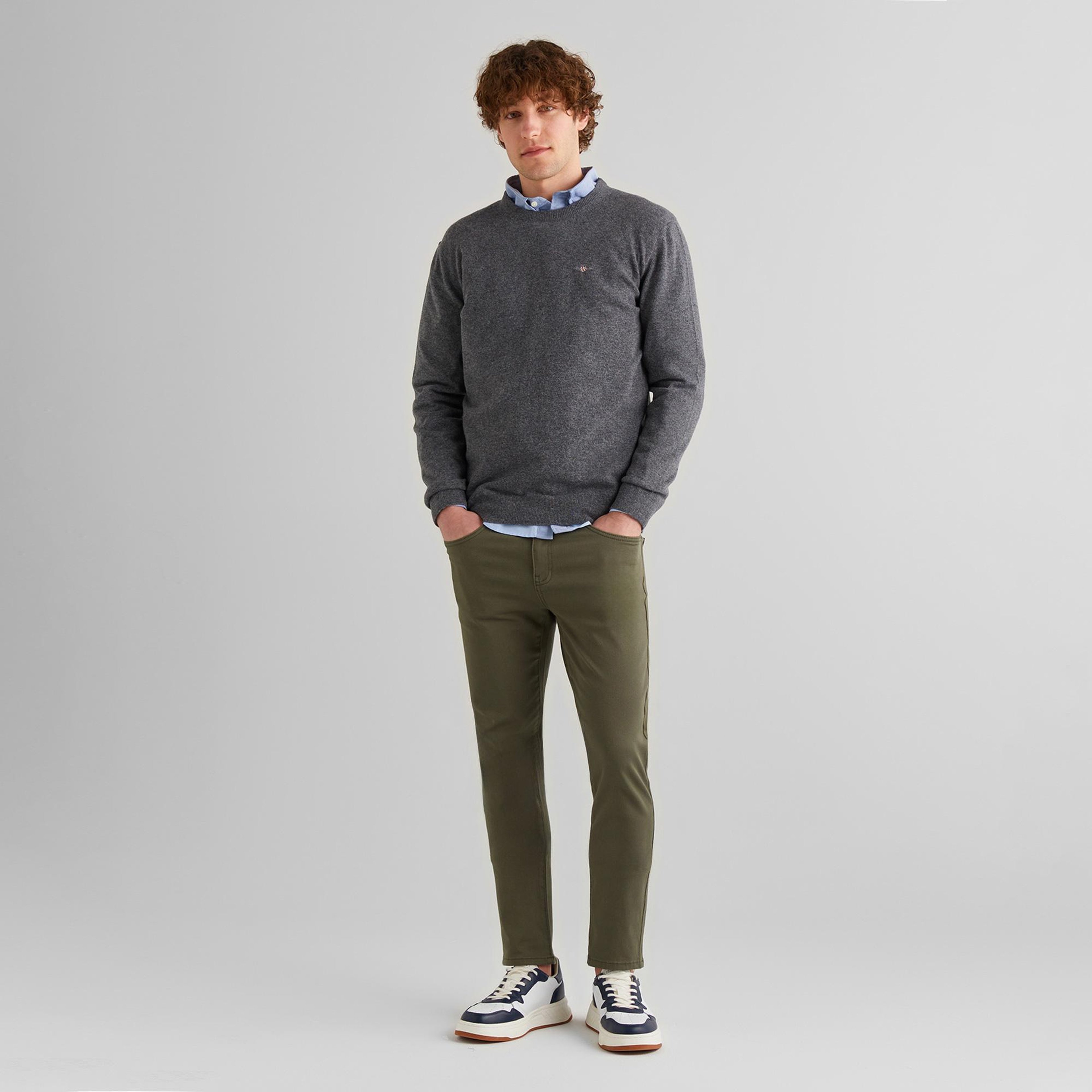 GANT Erkek Gri Regular Fit Bisiklet Yaka Yün Kazak