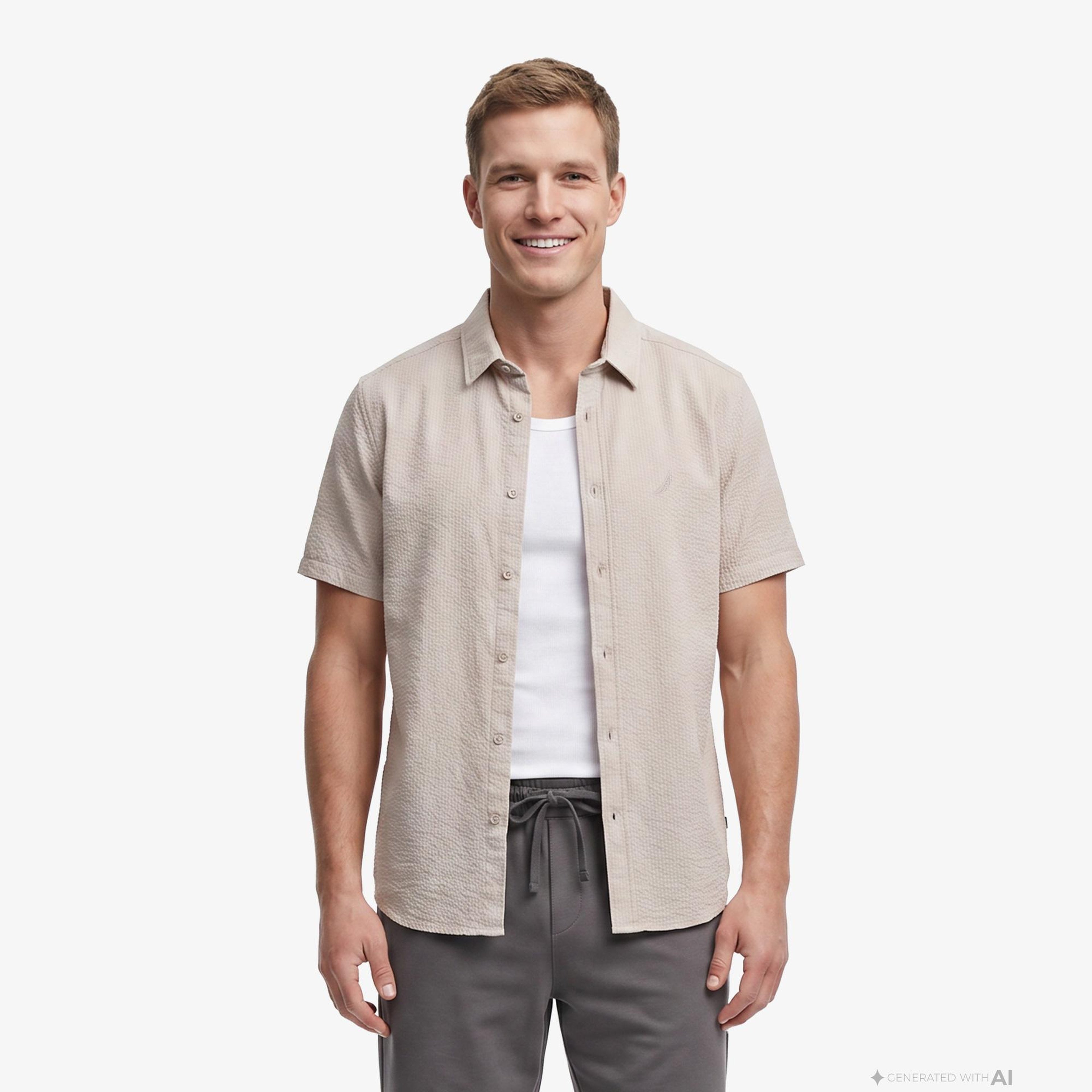 Nautica Erkek Bej Regular Fit Kısa Kollu Gömlek