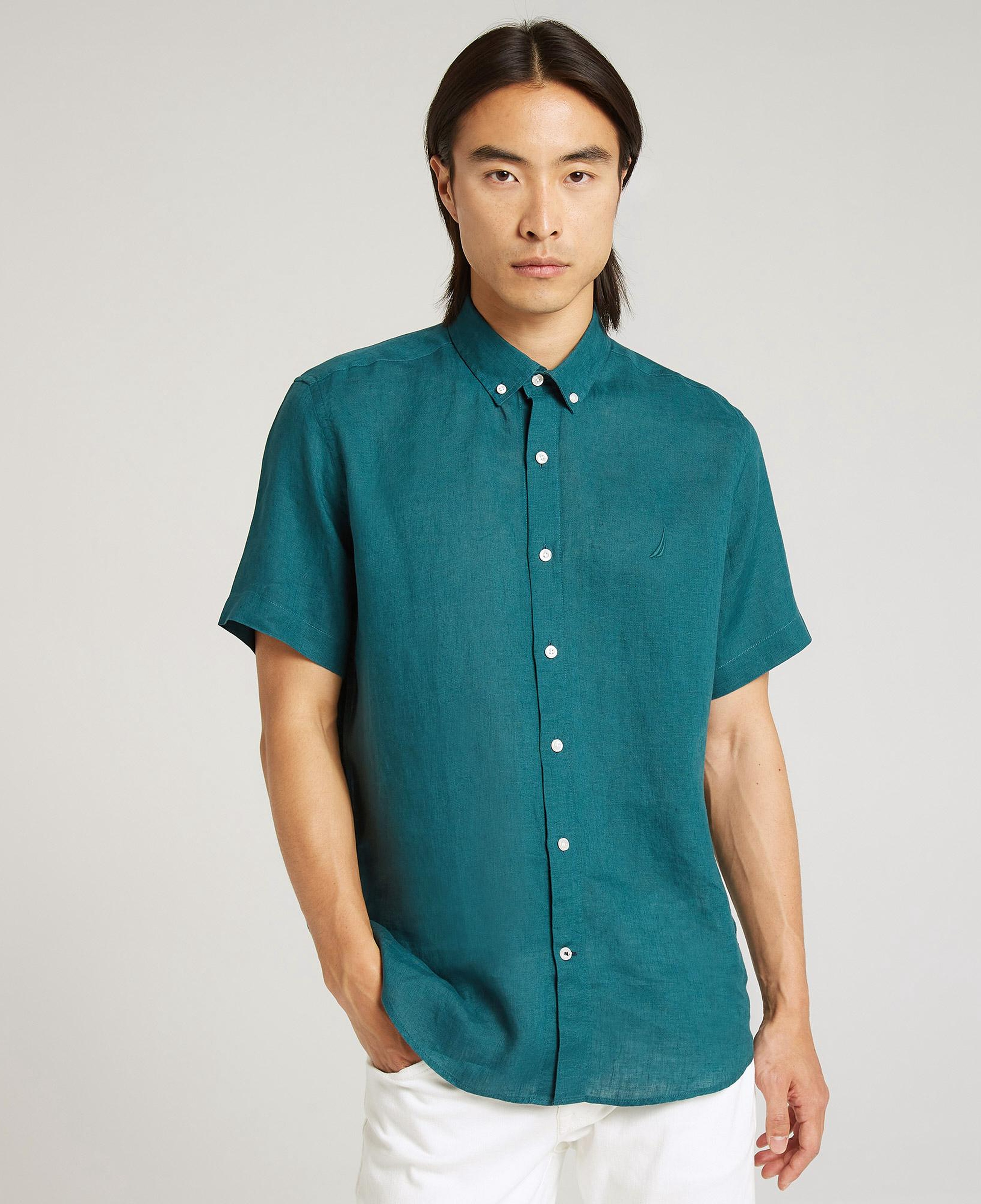 Nautica Erkek Yeşil Classic Fit Kısa Kollu Keten Gömlek