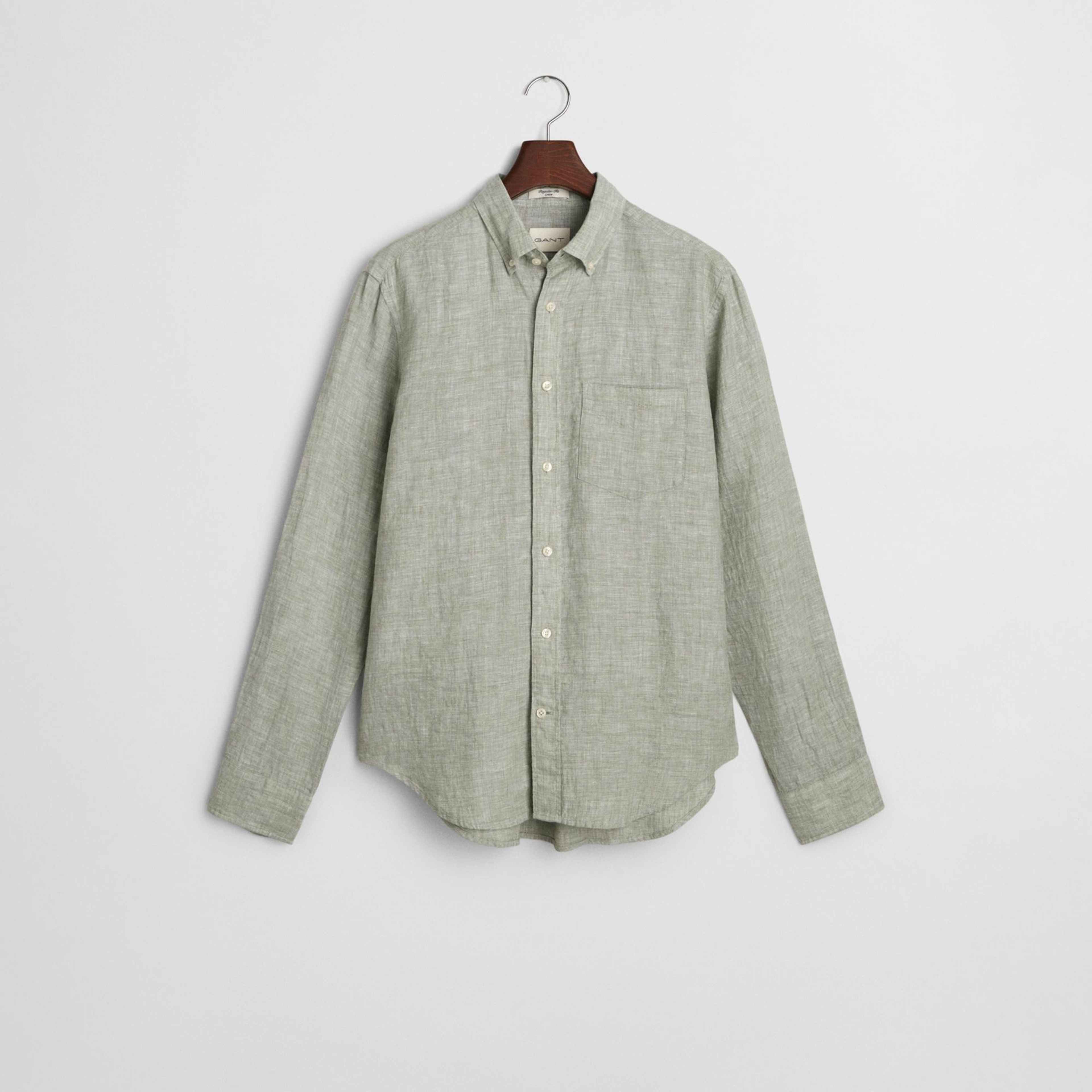 GANT Erkek Yeşil Regular Fit Düğmeli Yaka Keten Gömlek