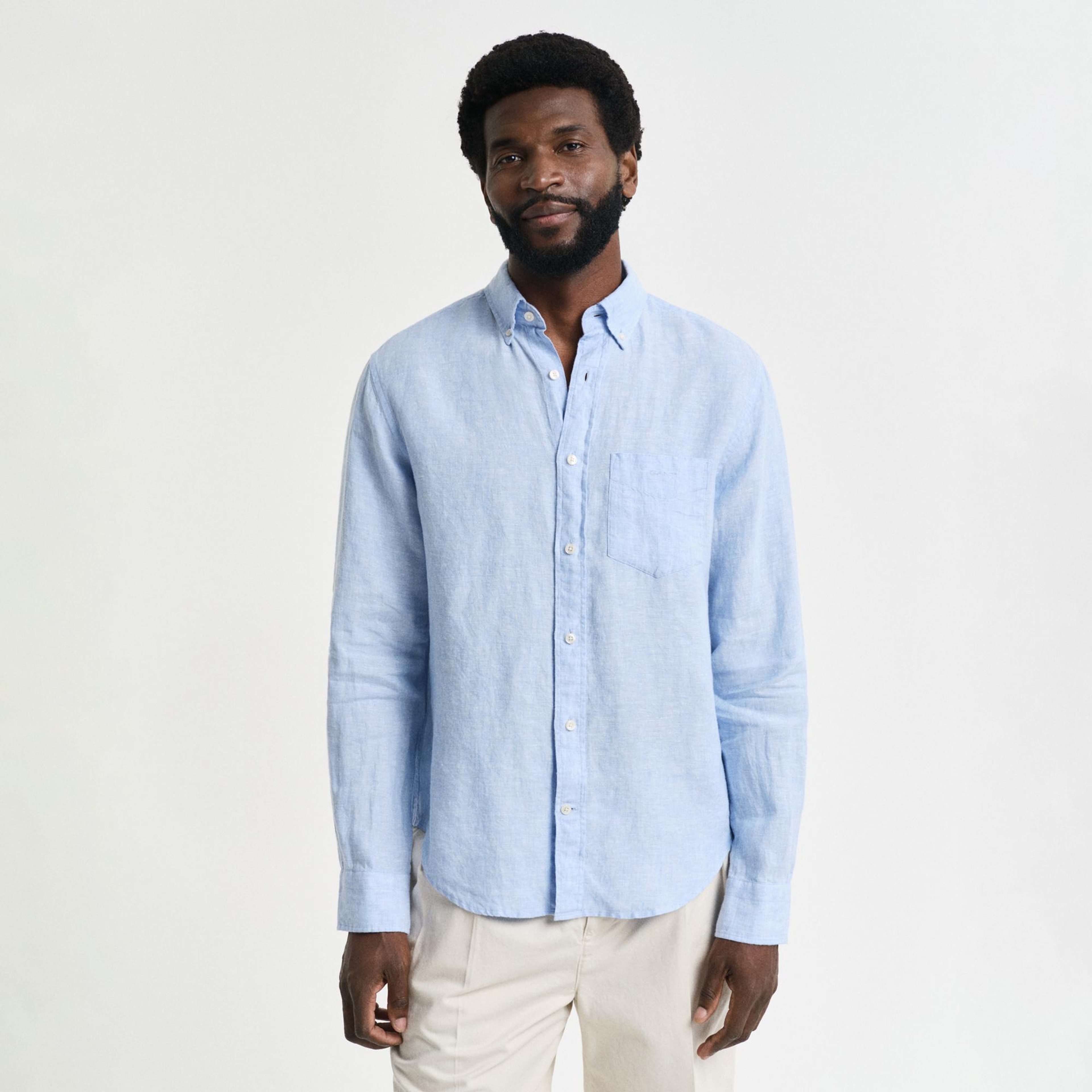GANT Erkek Mavi Regular Fit Düğmeli Yaka Keten Gömlek