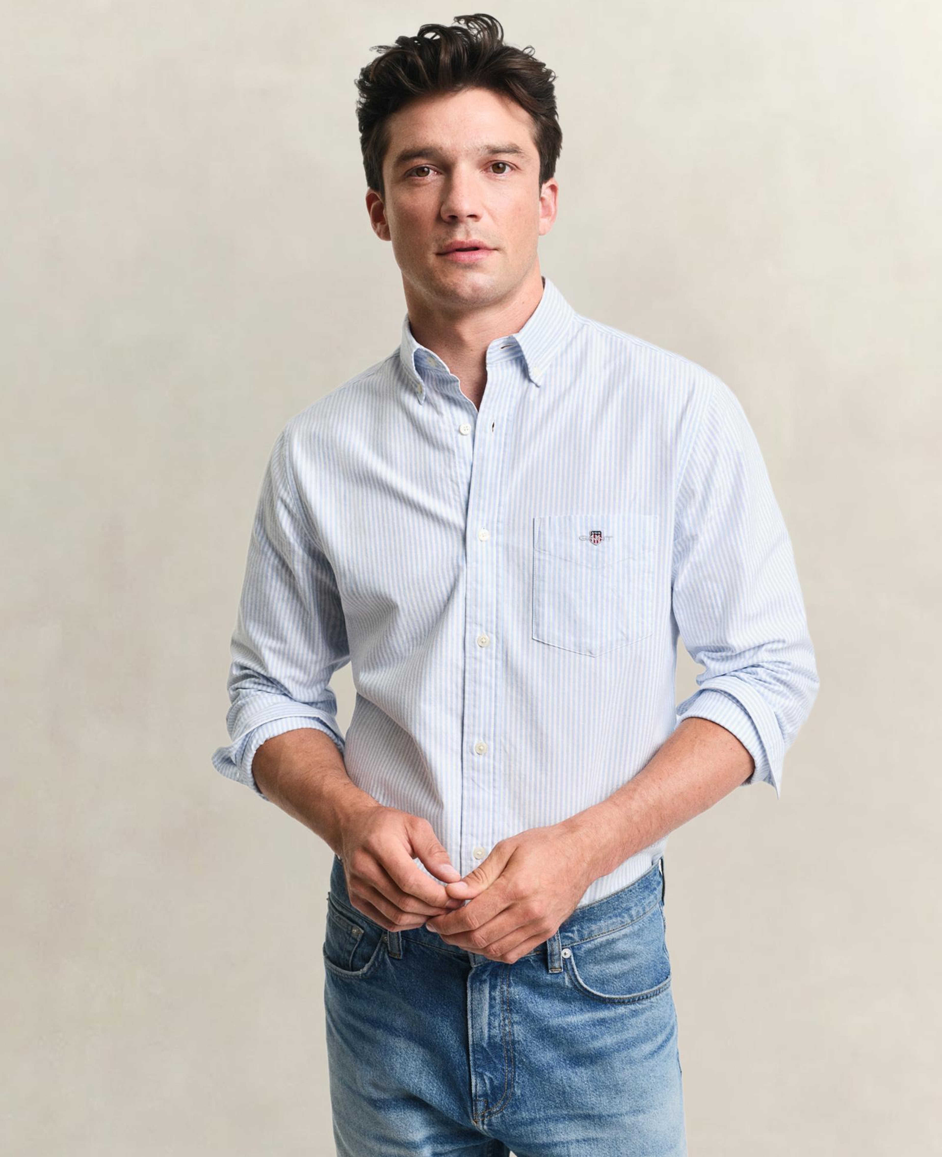 GANT Erkek Mavi Regular Fit Çizgili Logolu Gömlek