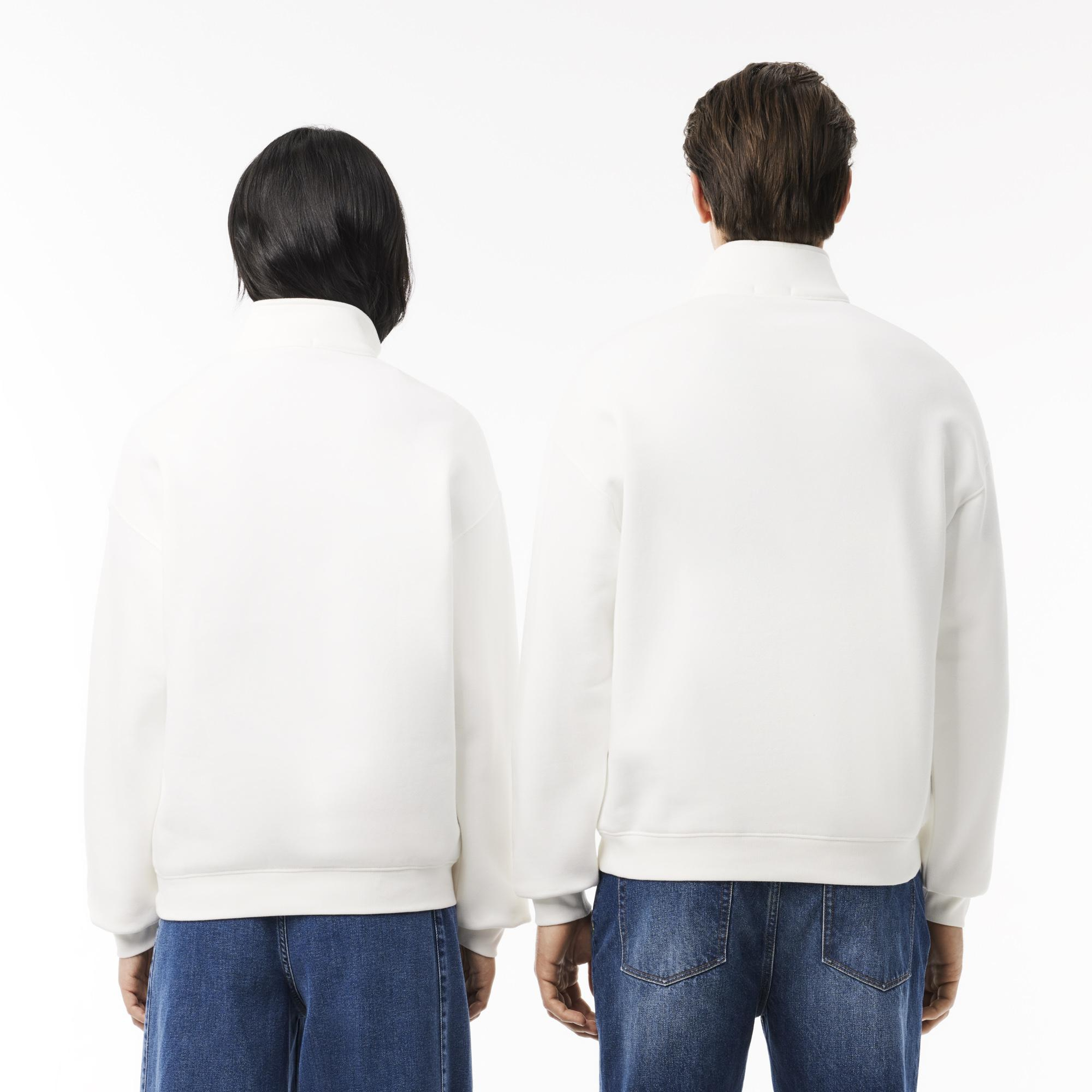 Unisex Loose Fit Yarım Fermuarlı Beyaz Organik Pamuk Sweatshirt